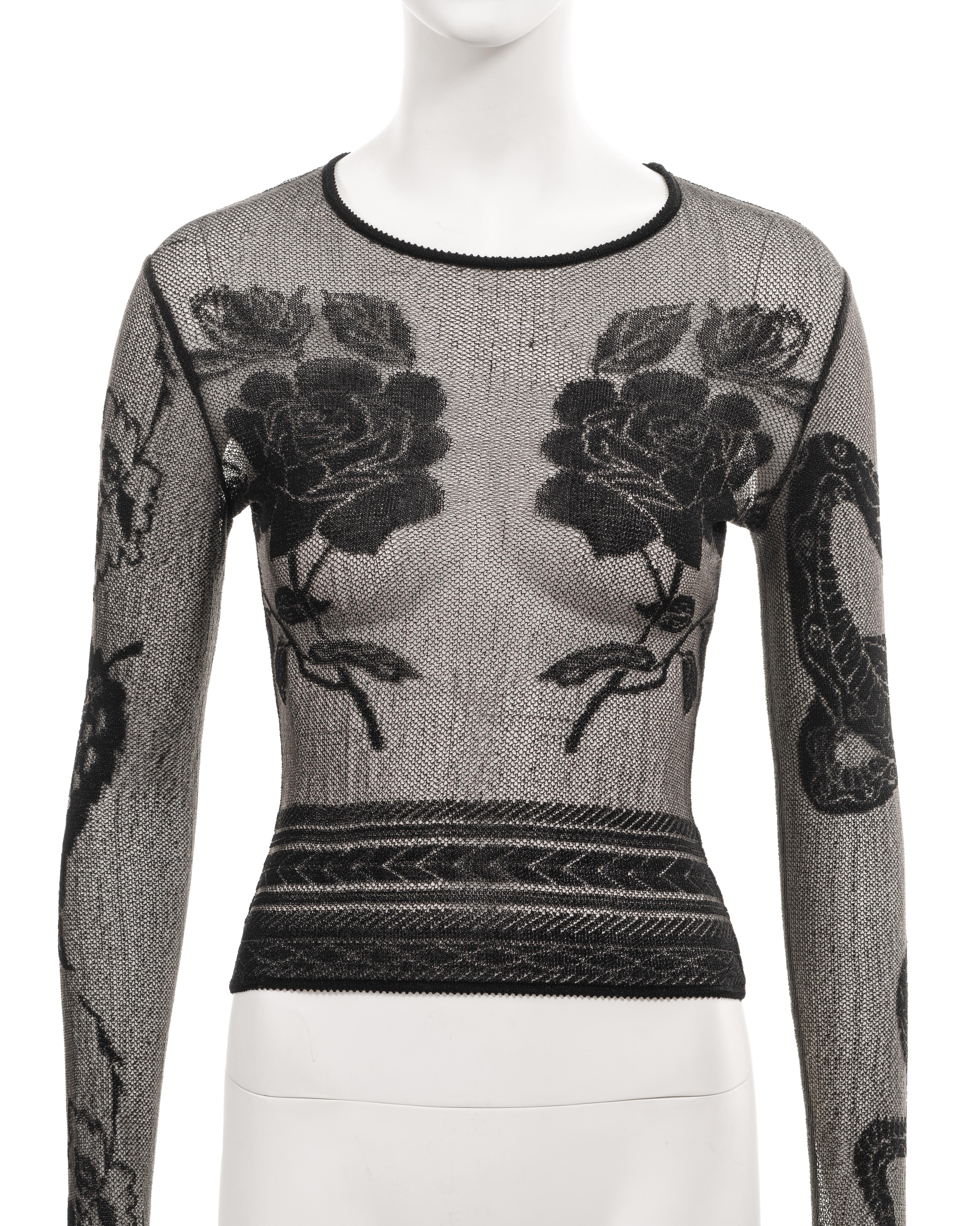 John Galliano black mesh top with tattoo motifs, fw 1997 In Good Condition For Sale In London, GB