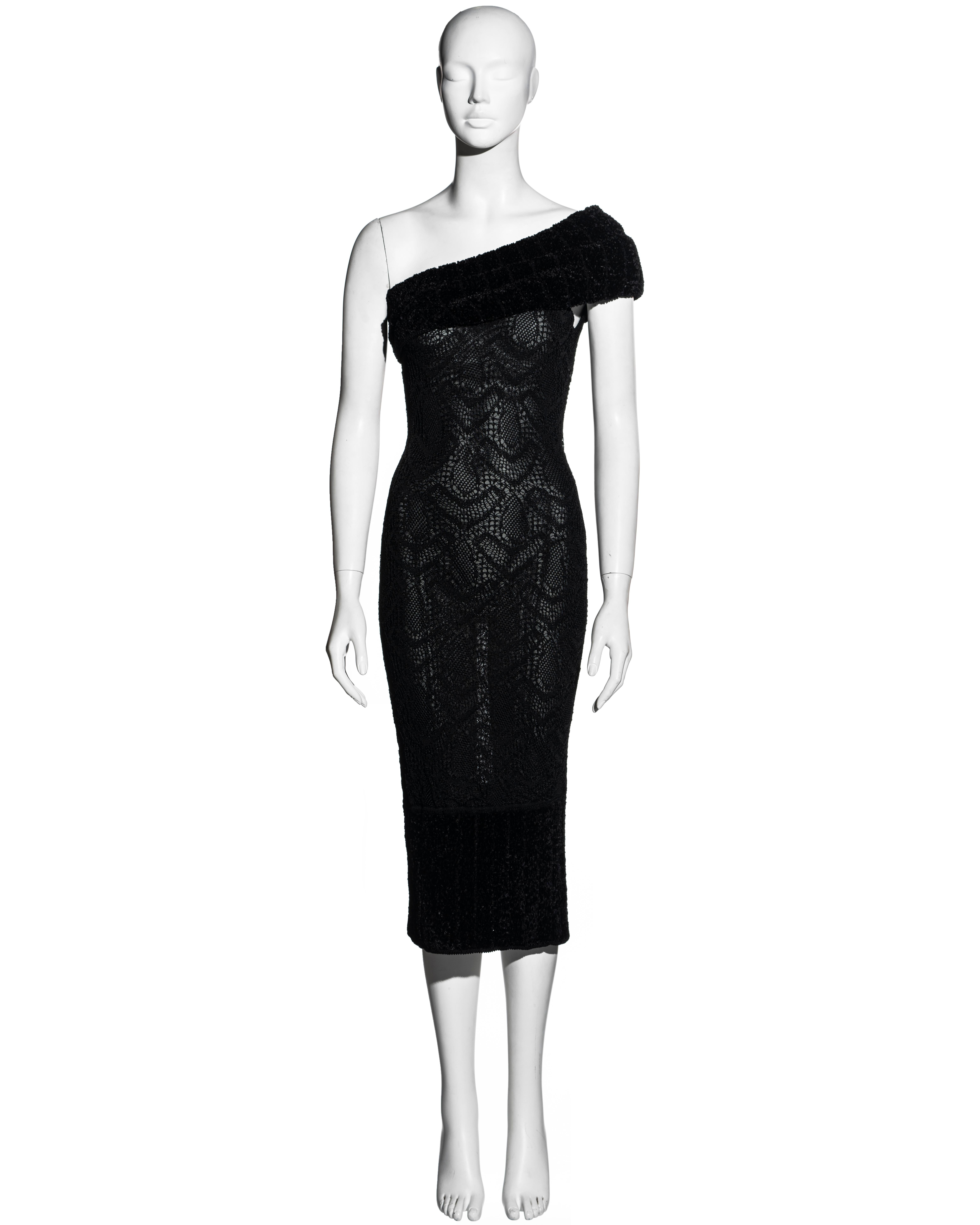 Women's John Galliano black open knit one shoulder bodycon dress, fw 1999 For Sale