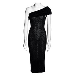 John Galliano vestido bodycon negro de punto abierto con un hombro, fw 1999