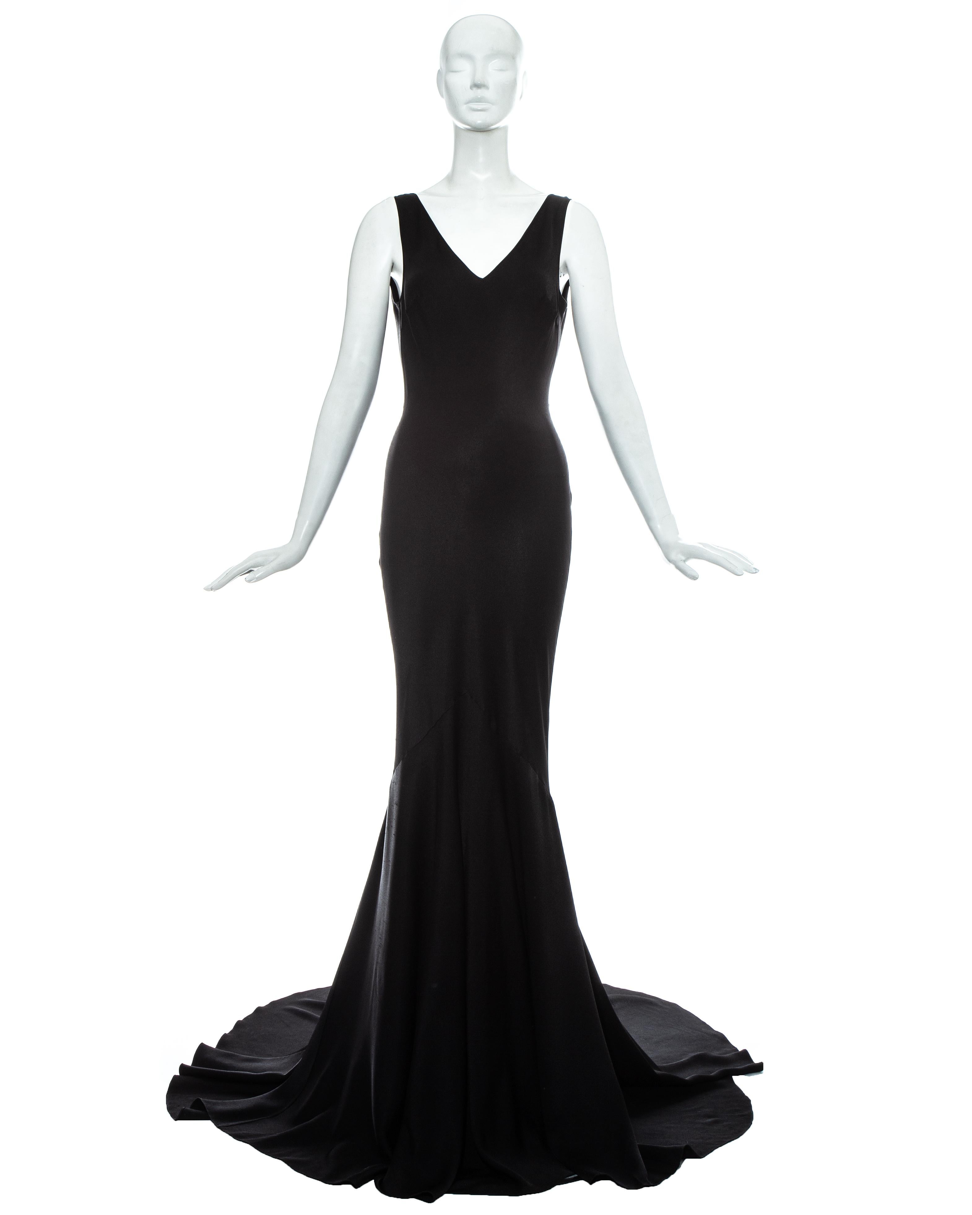 Black John Galliano black satin bias cut trained evening dress, fw 1995