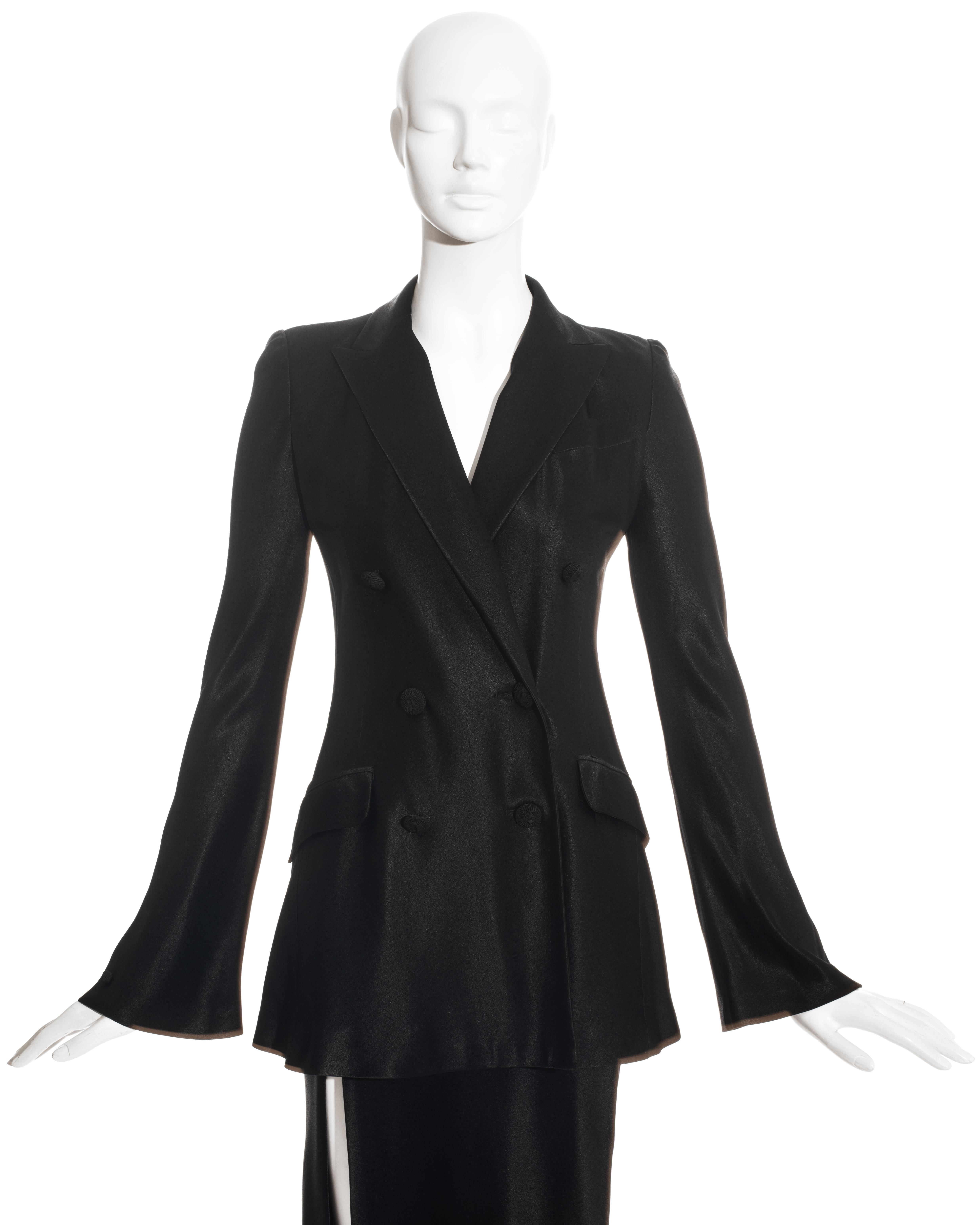 Black John Galliano black satin double breasted skirt suit with leg slit, fw 1994