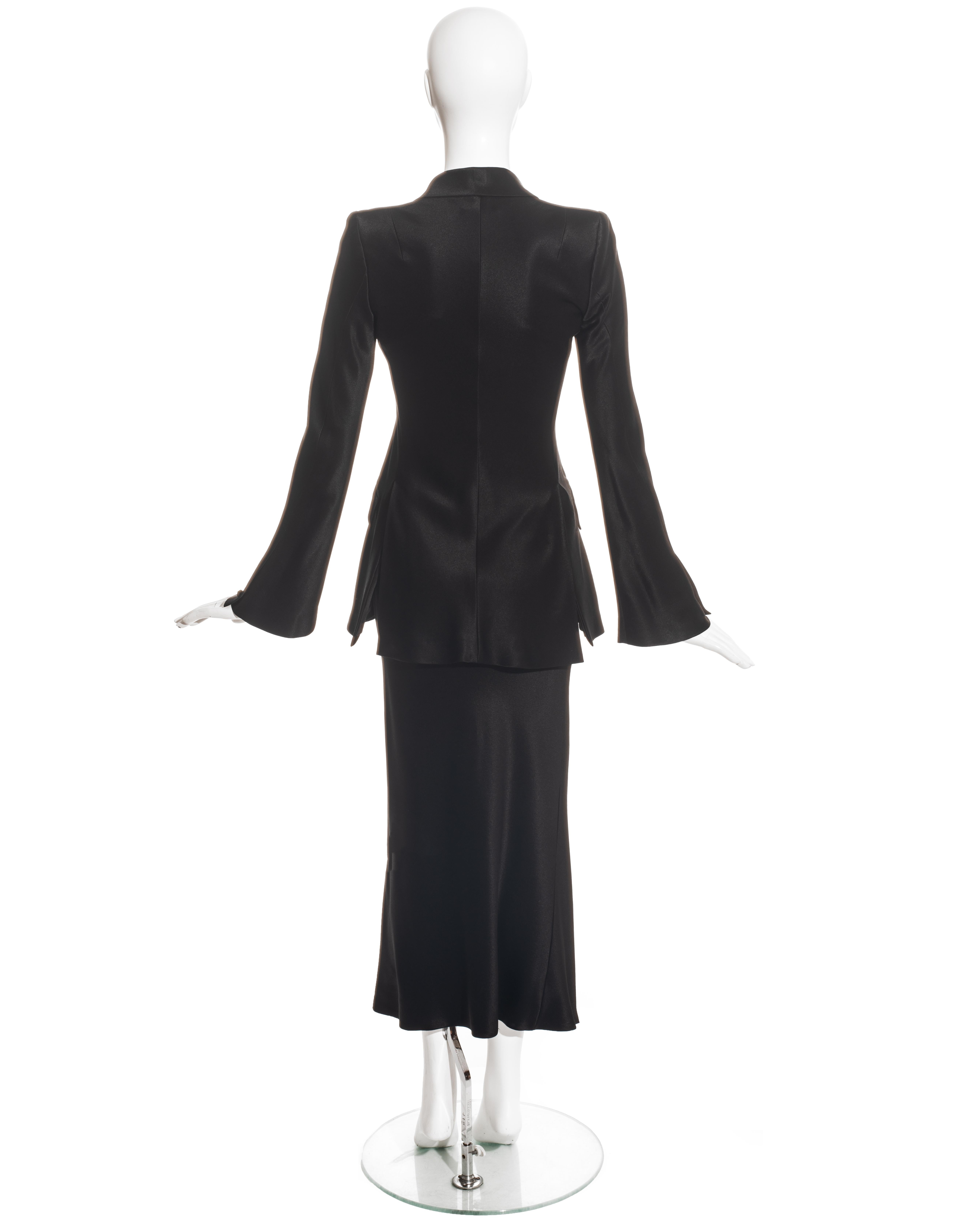 John Galliano black satin double breasted skirt suit with leg slit, fw 1994 In Excellent Condition In London, GB