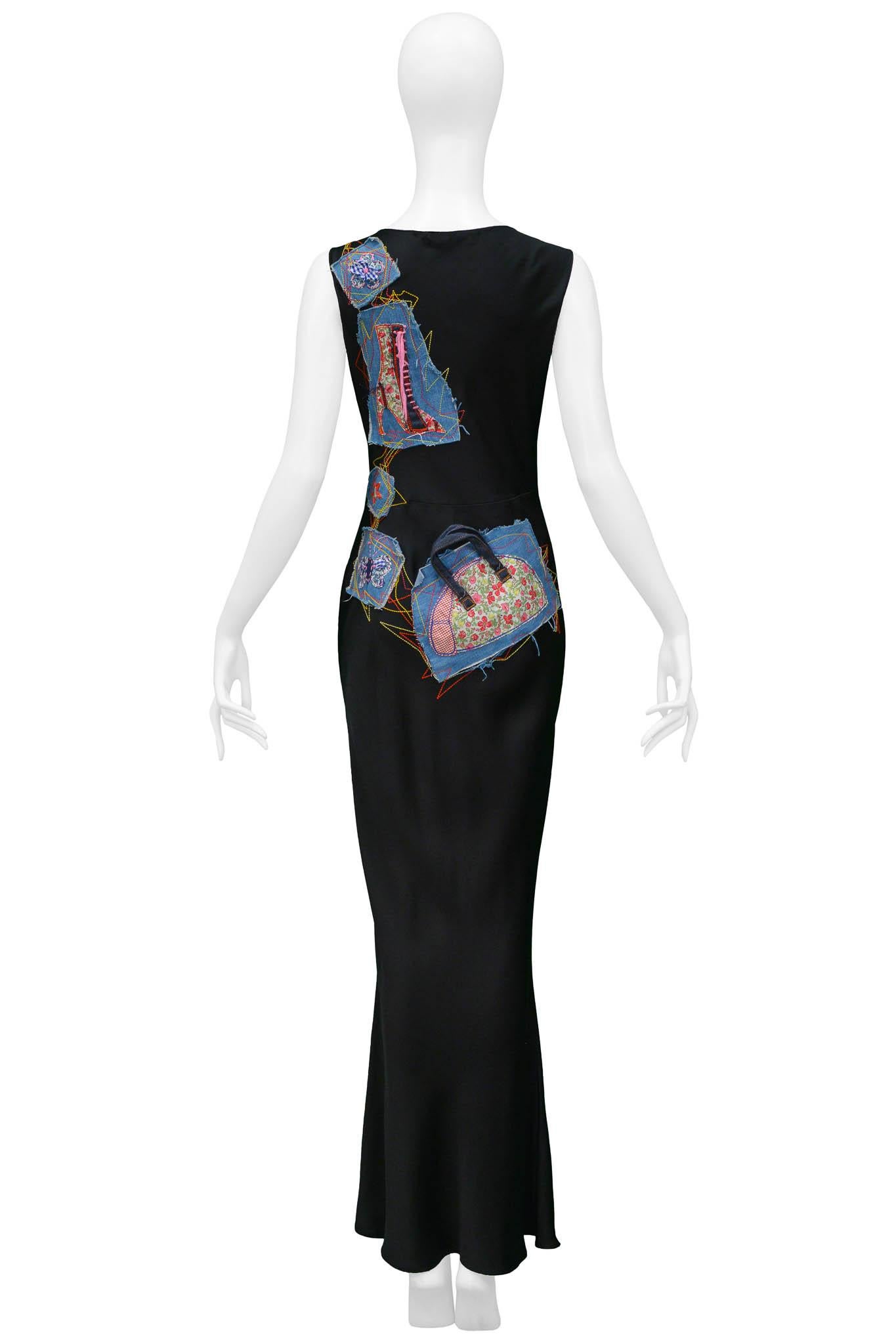 John Galliano Black Satin Gown With Patchwork & Embroidery In Excellent Condition For Sale In Los Angeles, CA