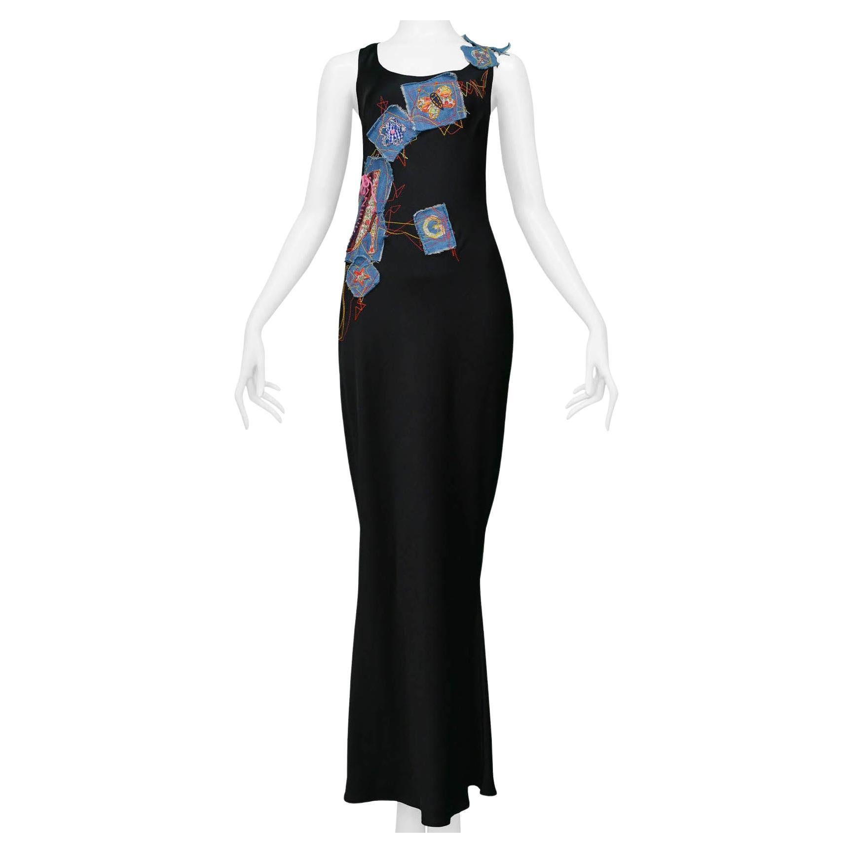 John Galliano Black Satin Gown With Patchwork & Embroidery For Sale