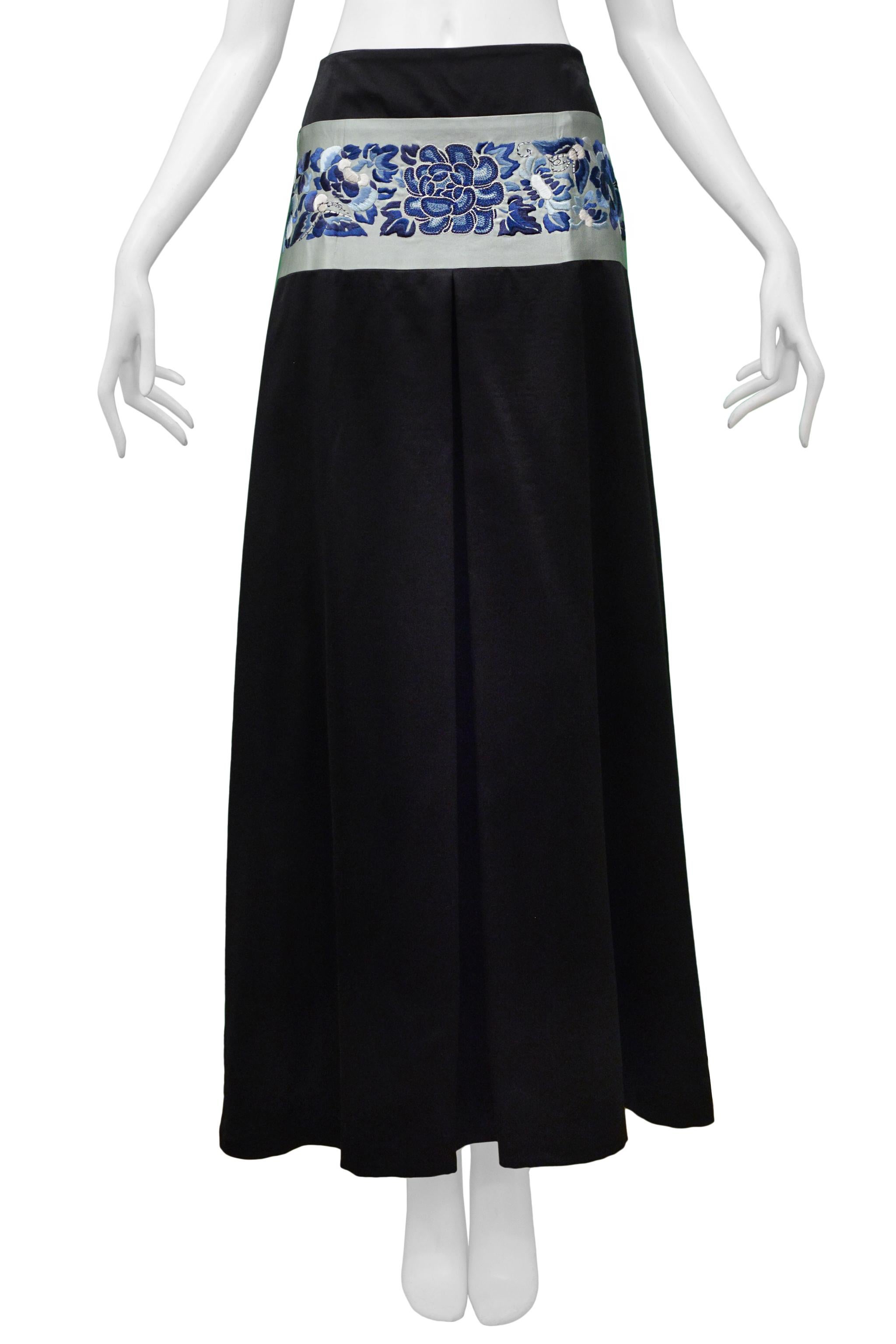 John Galliano Black Satin Maxi Skirt With Blue Floral Asian Inspired Waistband In Excellent Condition For Sale In Los Angeles, CA