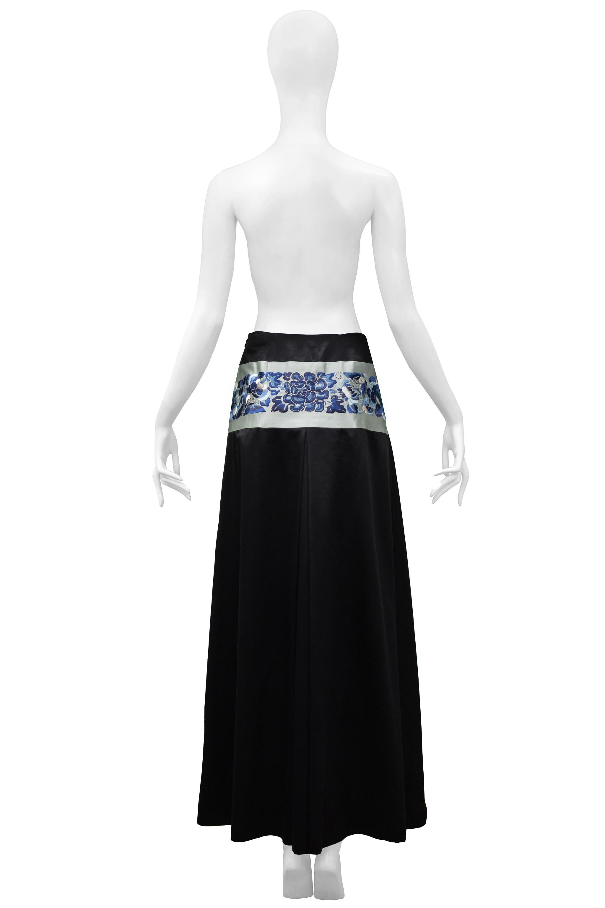 Women's John Galliano Black Satin Maxi Skirt With Blue Floral Asian Inspired Waistband For Sale