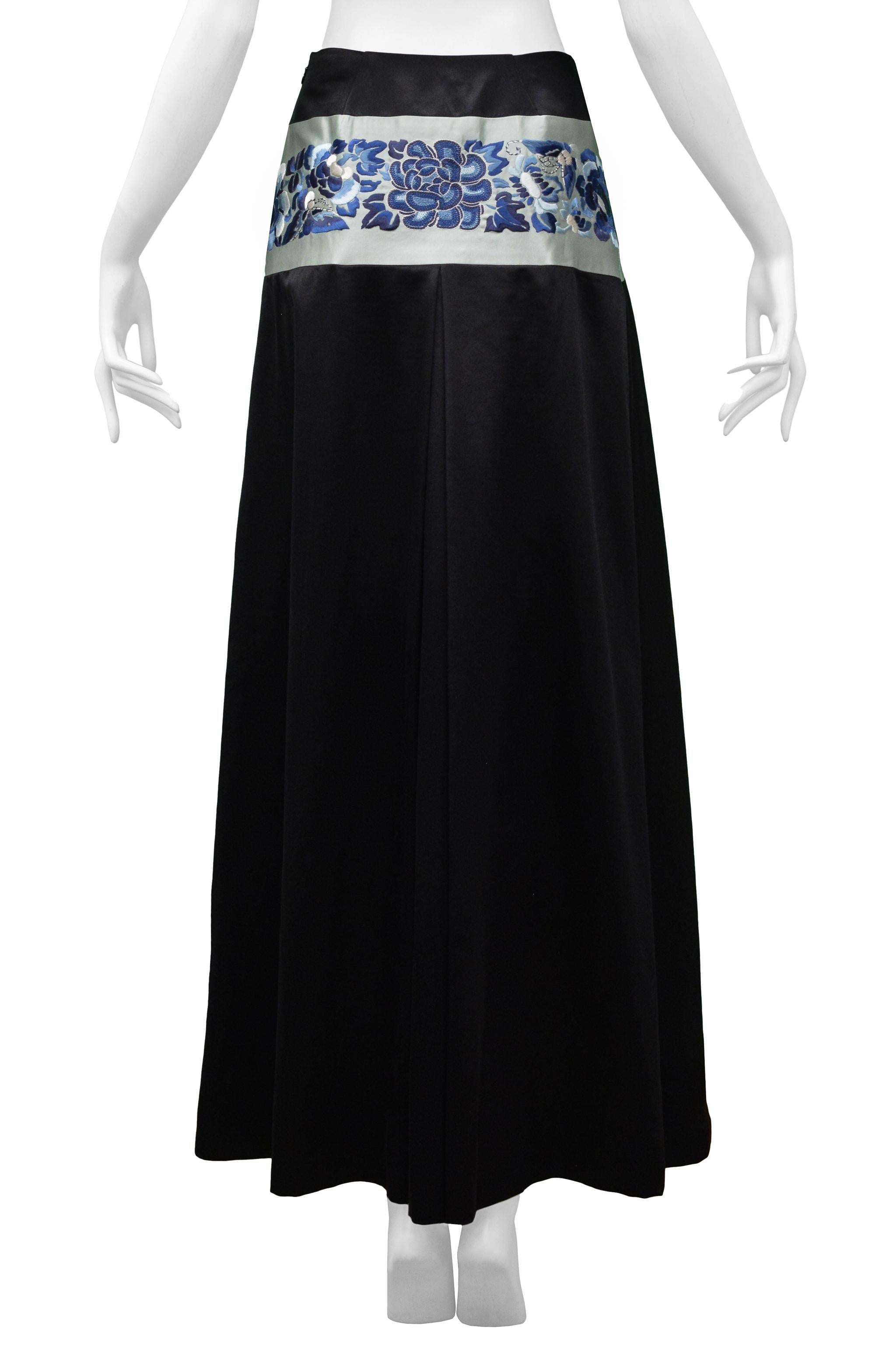 John Galliano Black Satin Maxi Skirt With Blue Floral Asian Inspired Waistband For Sale 1