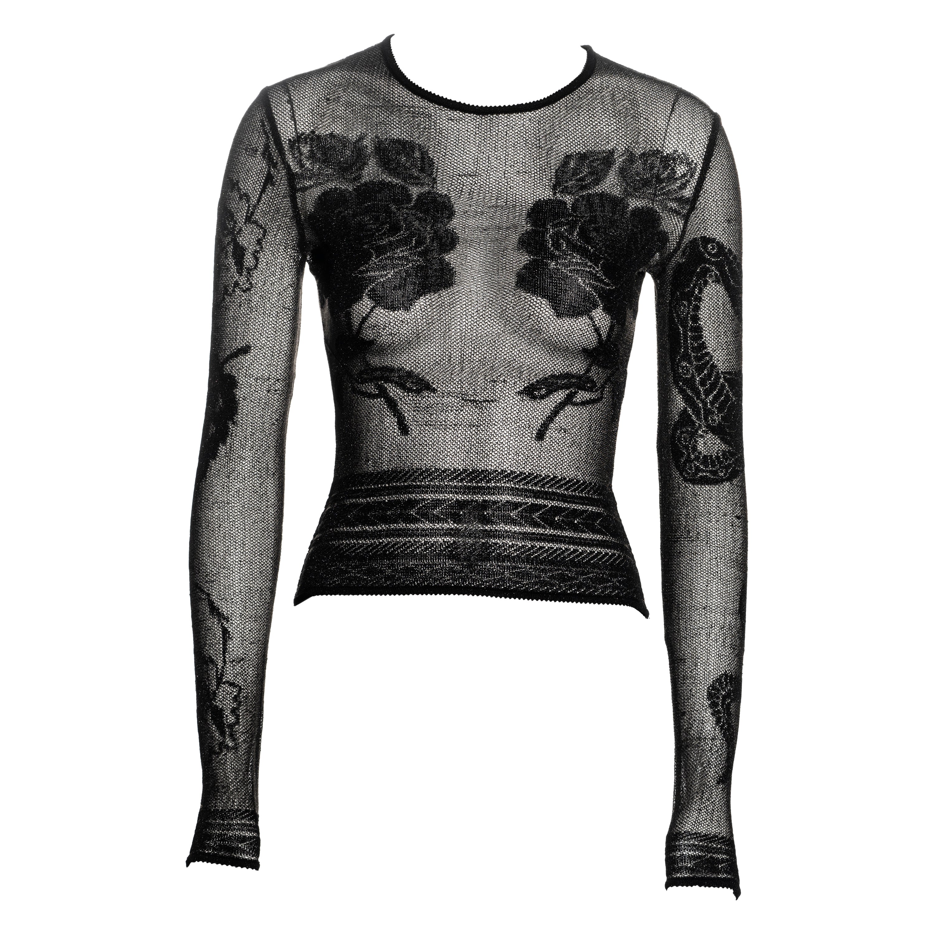 John Galliano black sheer knit tattoo top, fw 1997