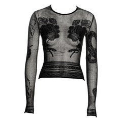 John Galliano Schwarzes Tattoo-Top aus durchsichtigem Strick, fw 1997