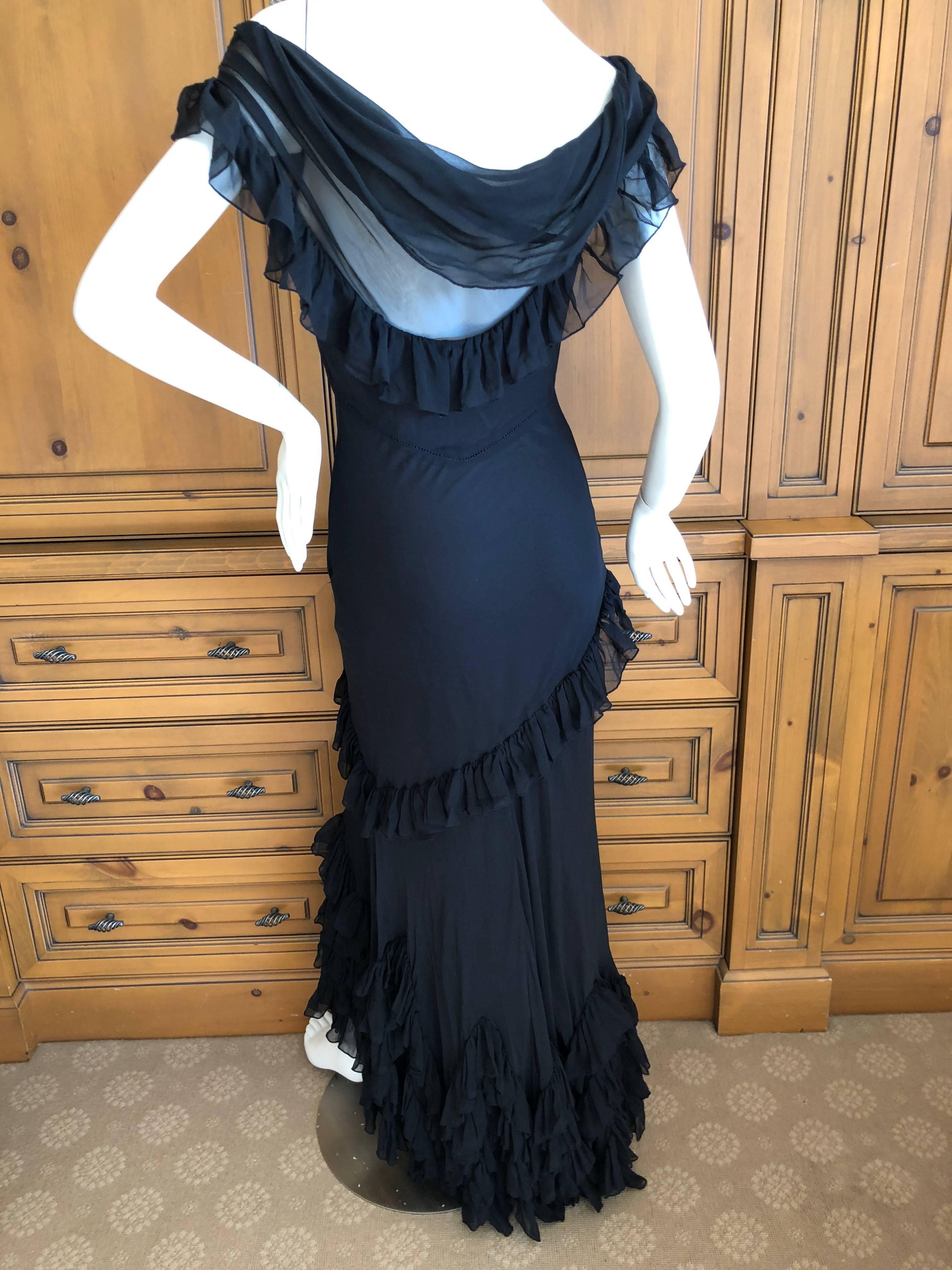  John Galliano Black Sheer Vintage Silk Ruffled Evening Dress with Cowl Back  In Excellent Condition For Sale In Cloverdale, CA