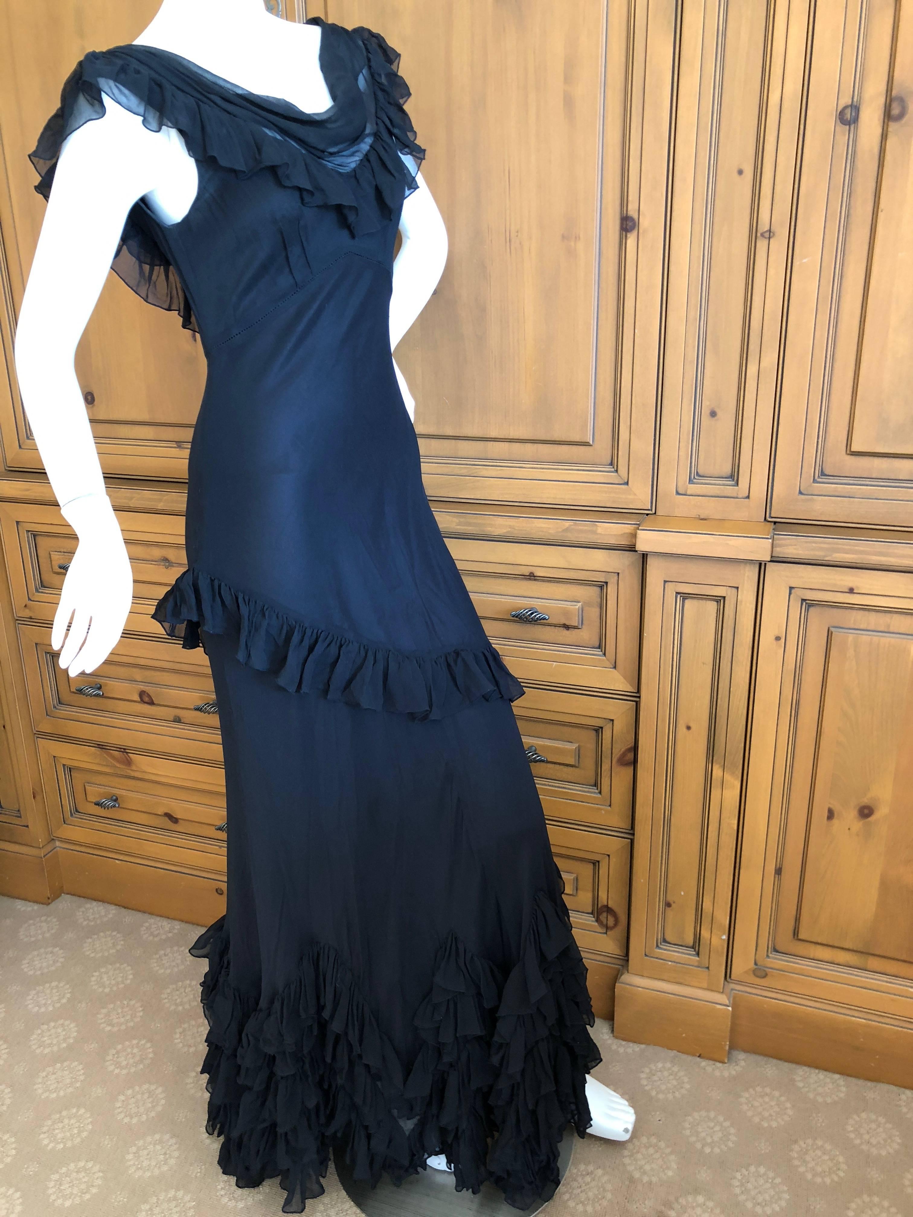 Women's  John Galliano Black Sheer Vintage Silk Ruffled Evening Dress with Cowl Back  For Sale