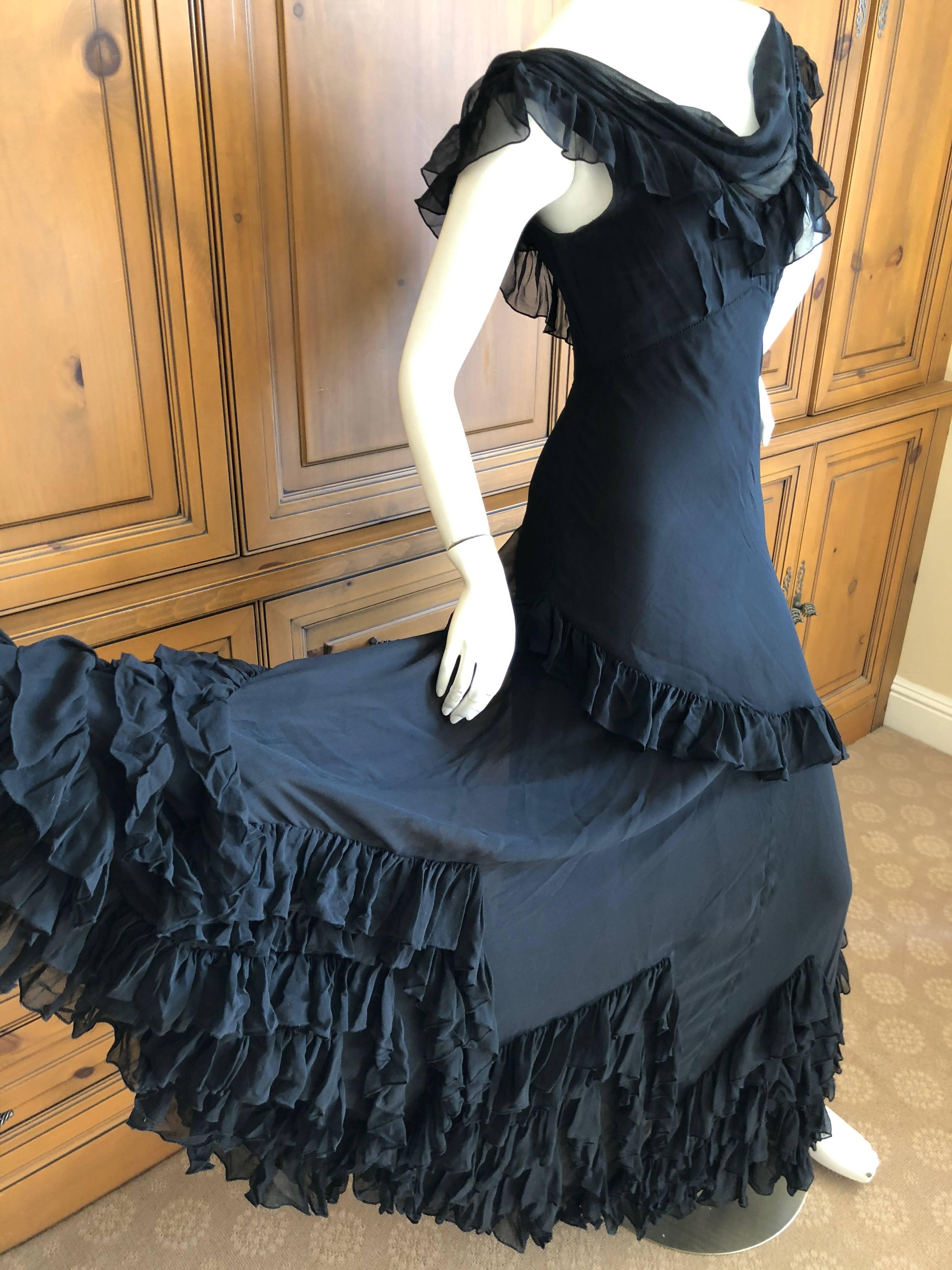  John Galliano Black Sheer Vintage Silk Ruffled Evening Dress with Cowl Back  For Sale 1