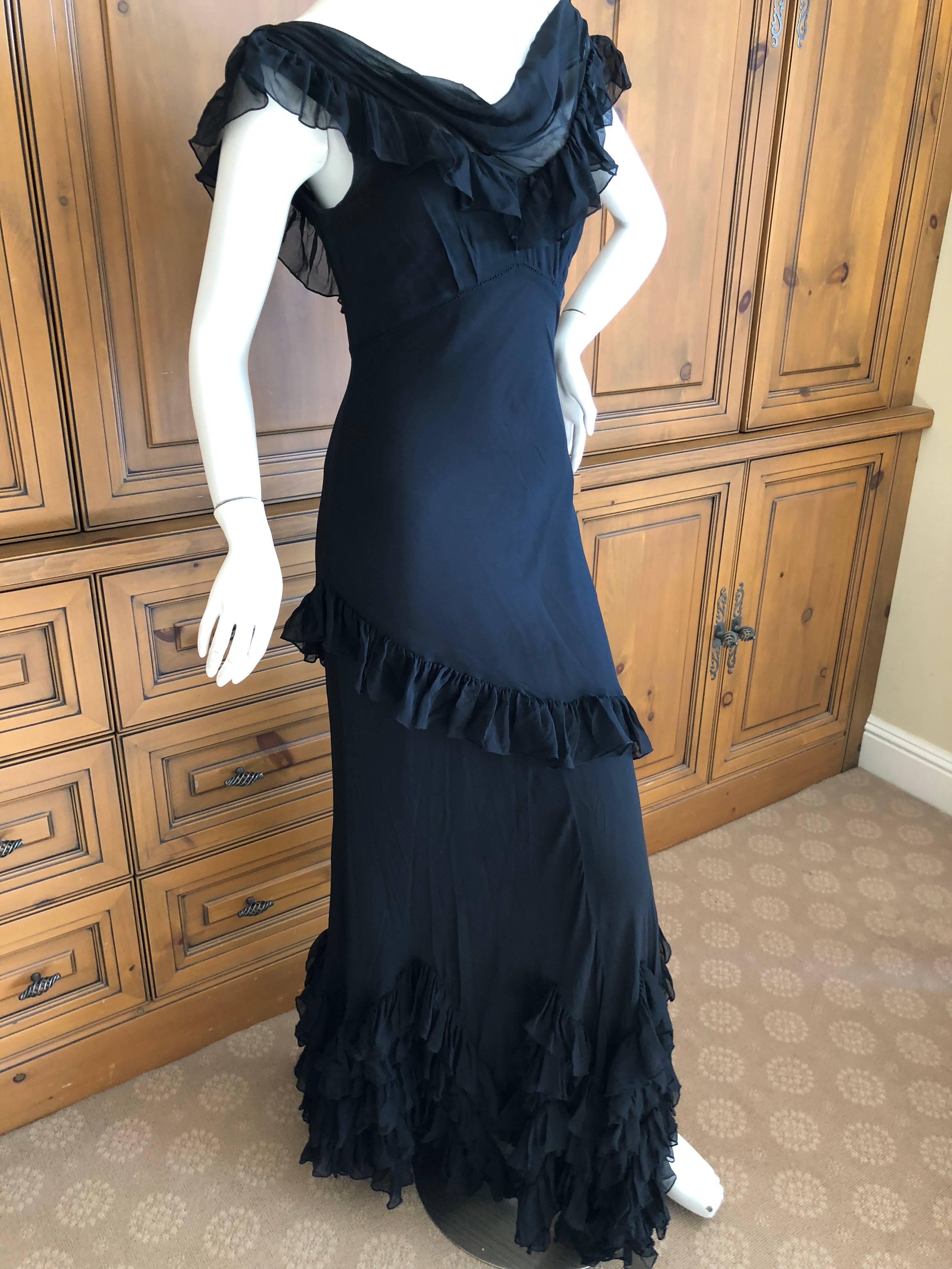  John Galliano Black Sheer Vintage Silk Ruffled Evening Dress with Cowl Back  For Sale 2