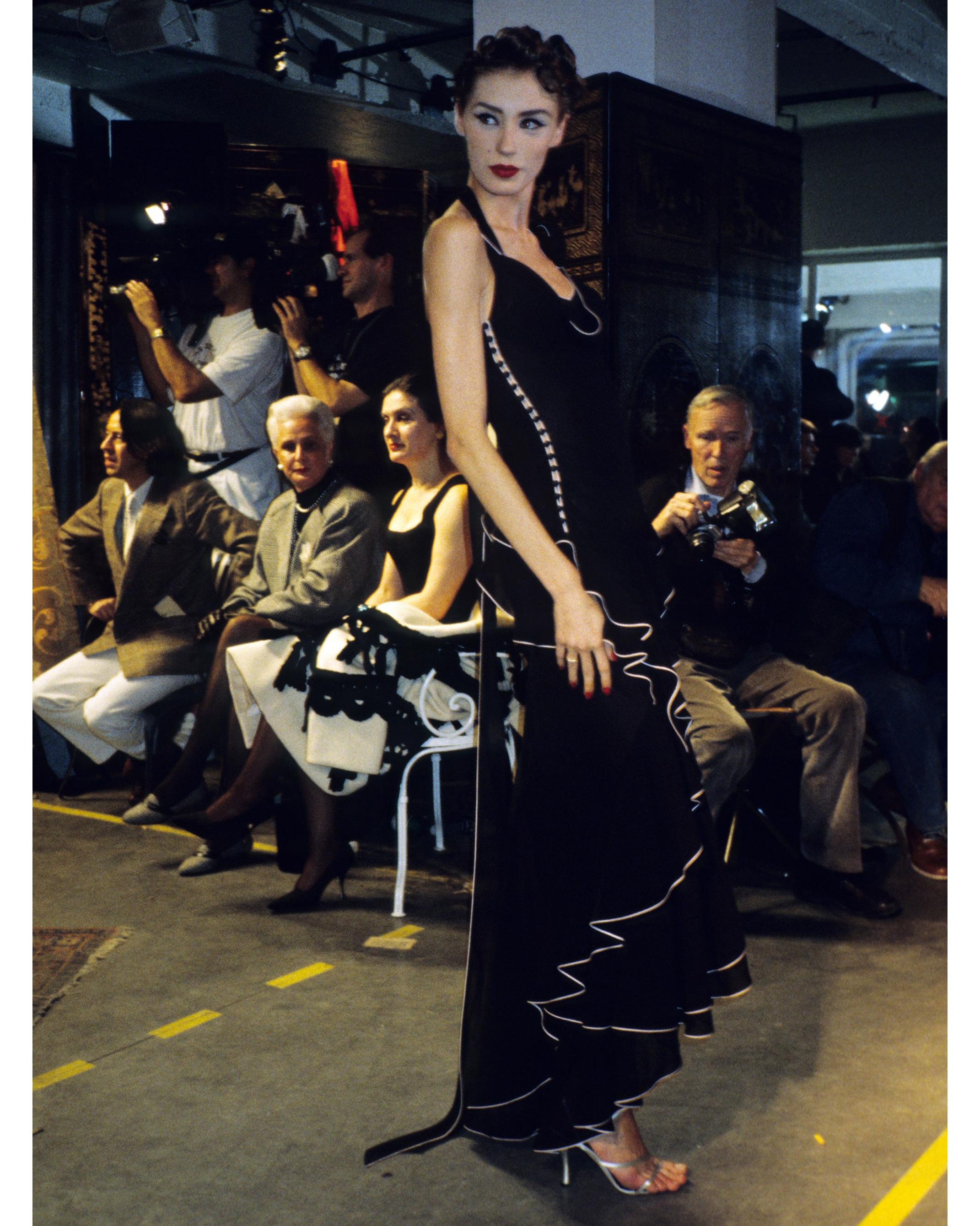 Black John Galliano black silk chiffon bias cut ruffled evening dress, ss 1995