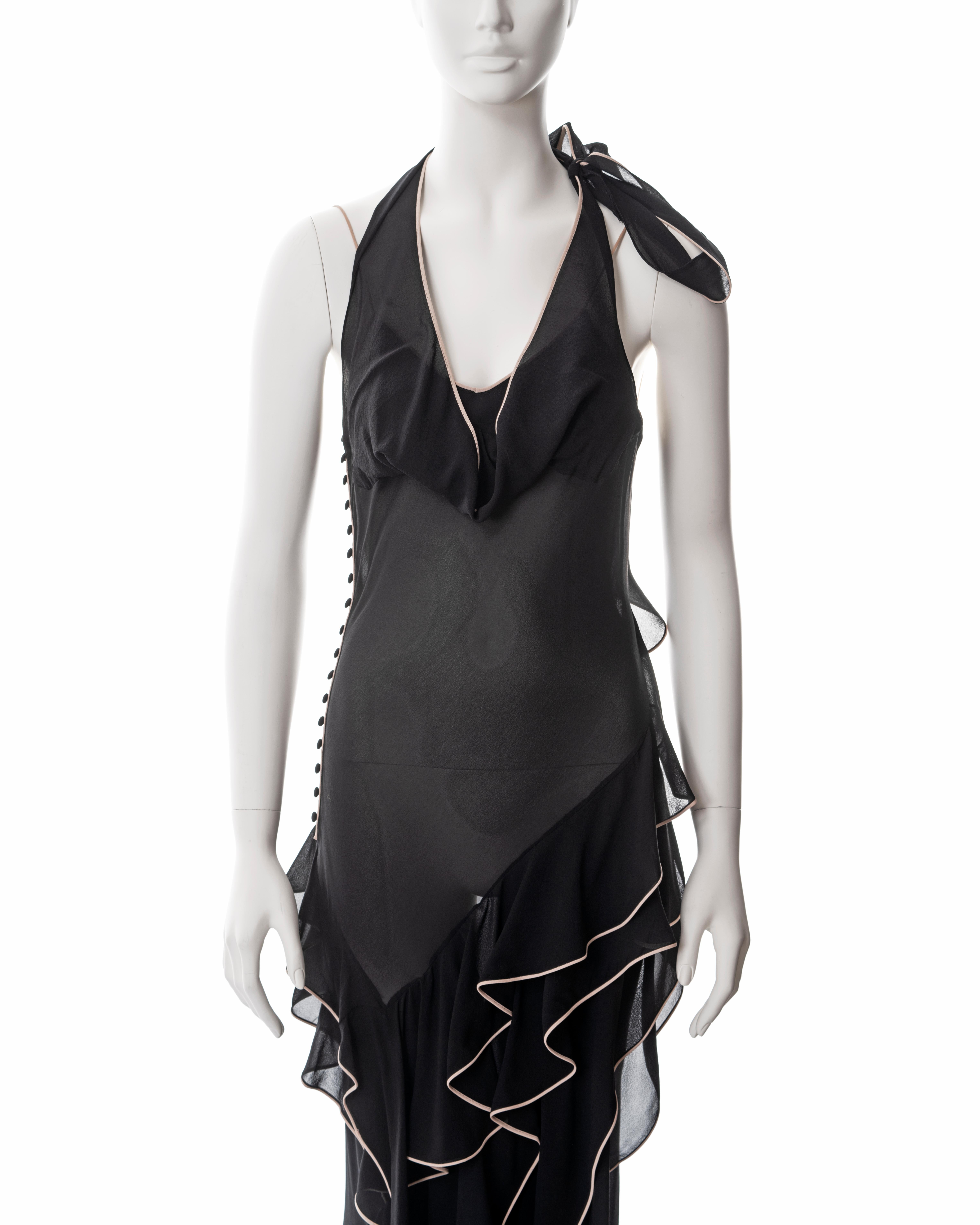 John Galliano black silk chiffon bias cut ruffled evening dress, ss 1995 In Excellent Condition For Sale In London, GB