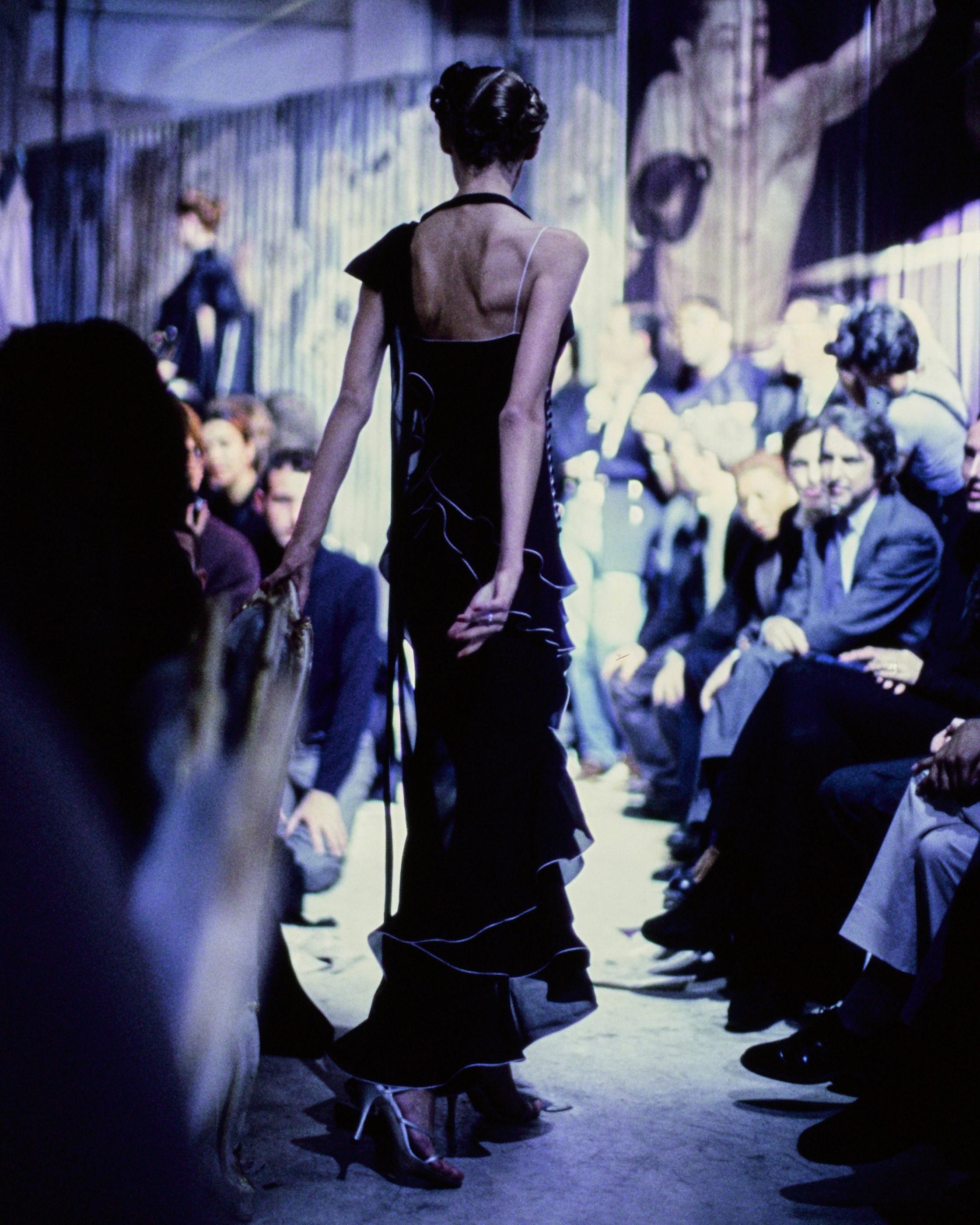 John Galliano black silk chiffon bias cut ruffled evening dress, ss 1995 In Excellent Condition In London, GB