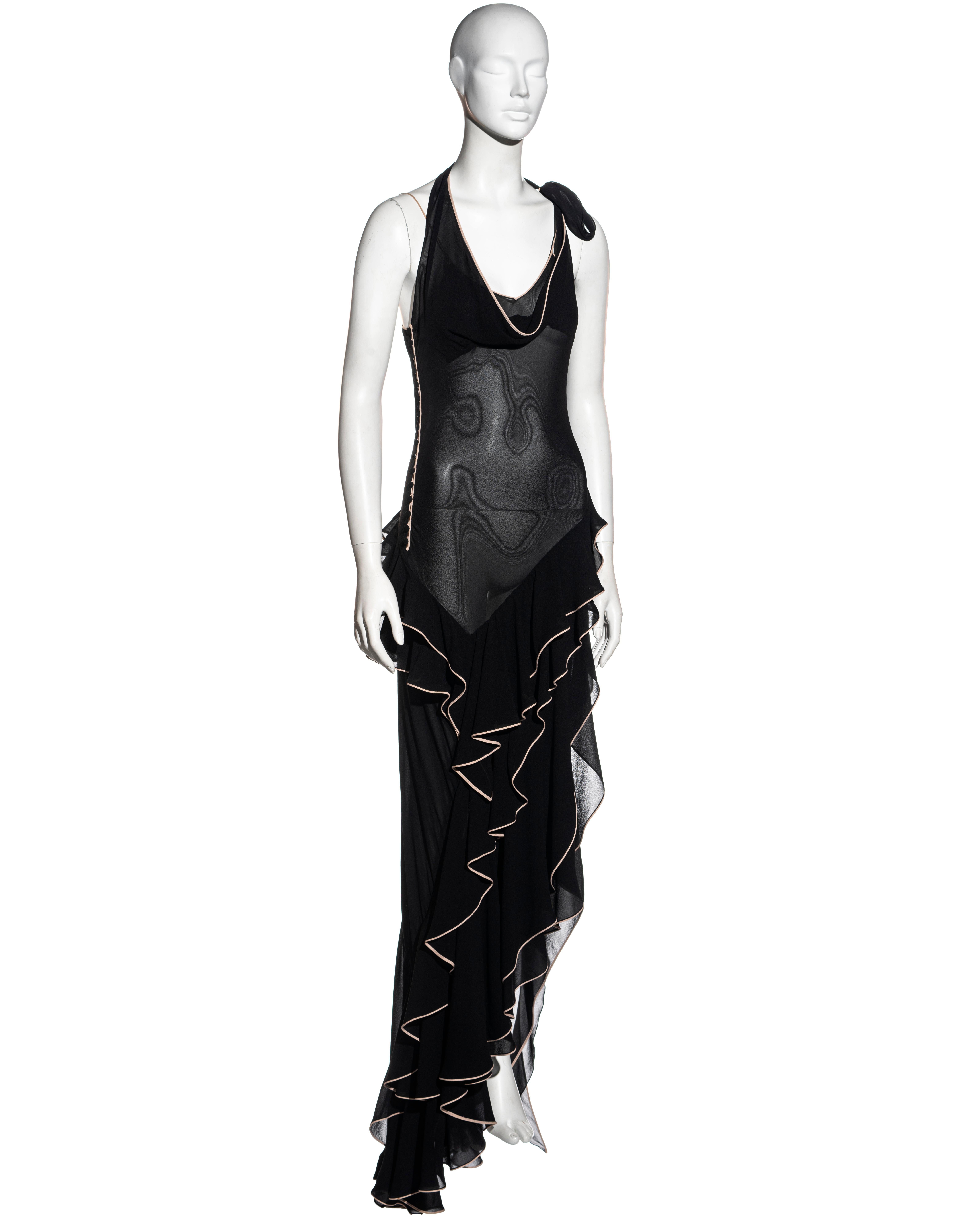 Women's John Galliano black silk chiffon bias cut ruffled evening dress, ss 1995