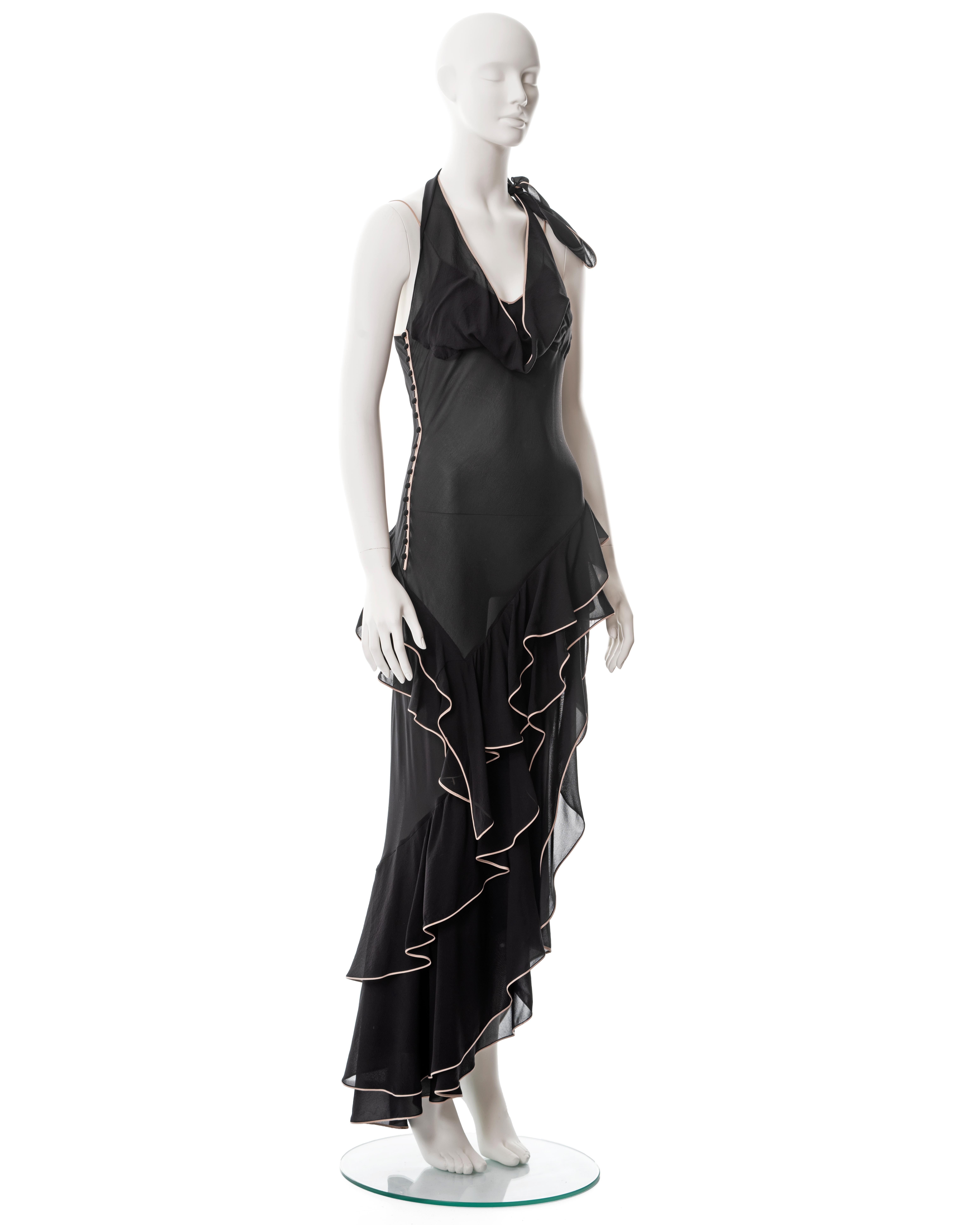 John Galliano black silk chiffon bias cut ruffled evening dress, ss 1995 For Sale 1