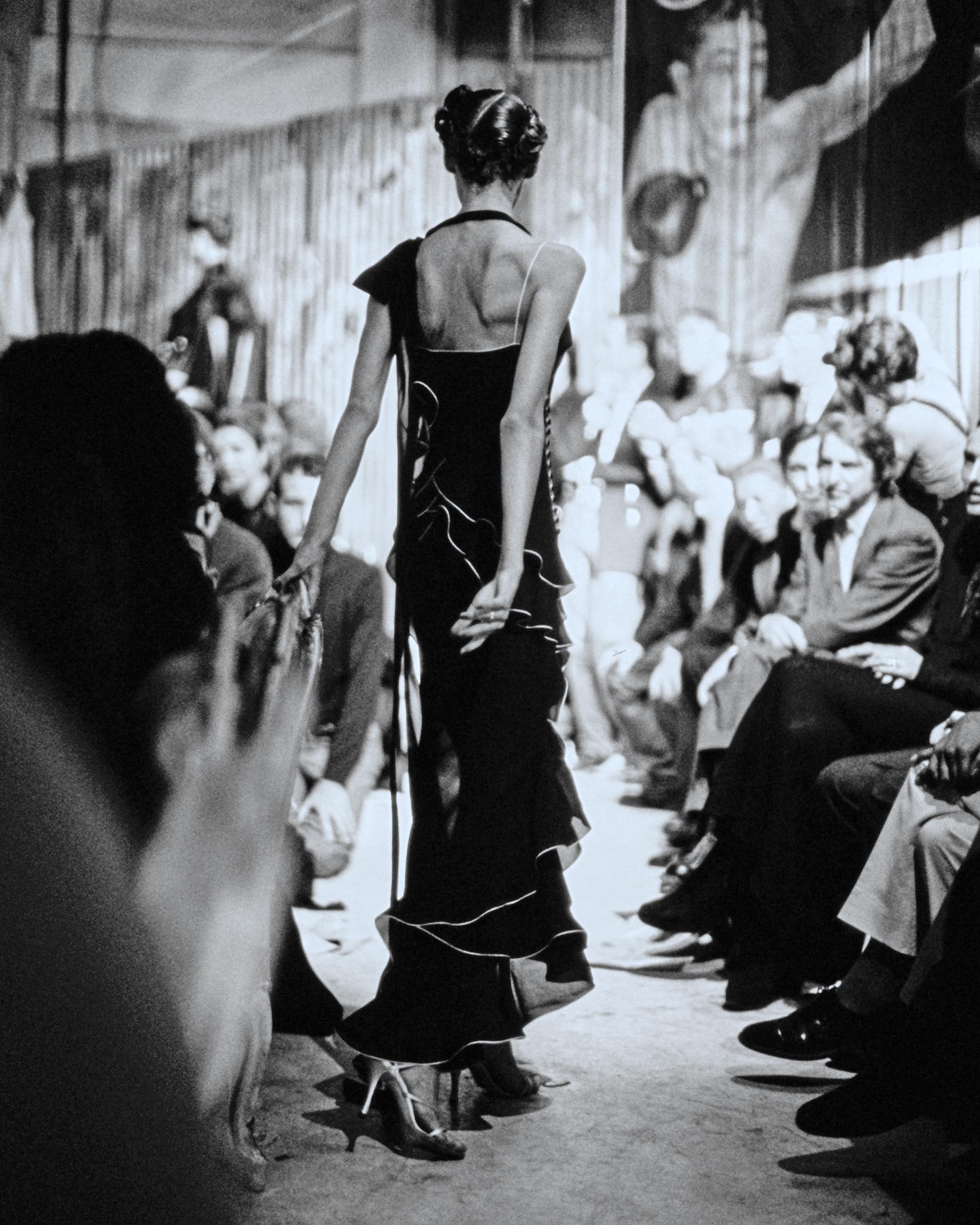 John Galliano black silk chiffon bias cut ruffled evening dress, ss 1995 For Sale 5