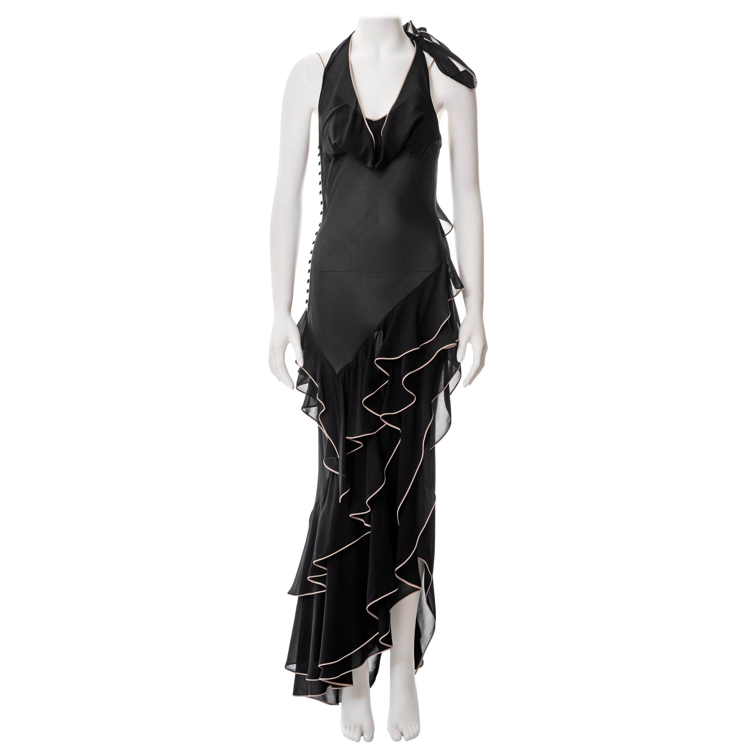John Galliano Schwarzes Abendkleid aus Seidenchiffon mit Schrägschnitt und Rüschen, ss 1995 im Angebot