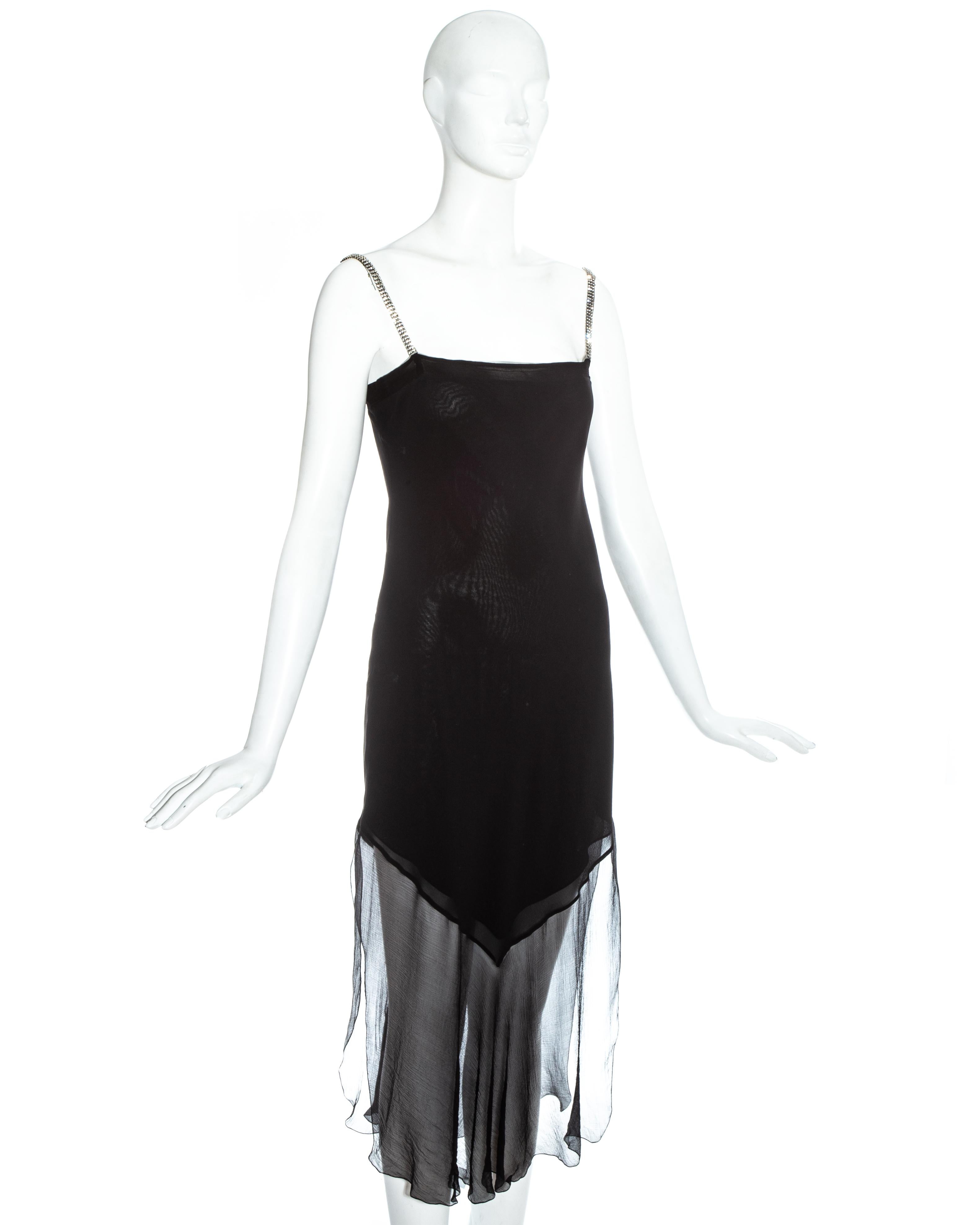 Black John Galliano black silk chiffon flapper dress with rhinestone straps, fw 1998 For Sale