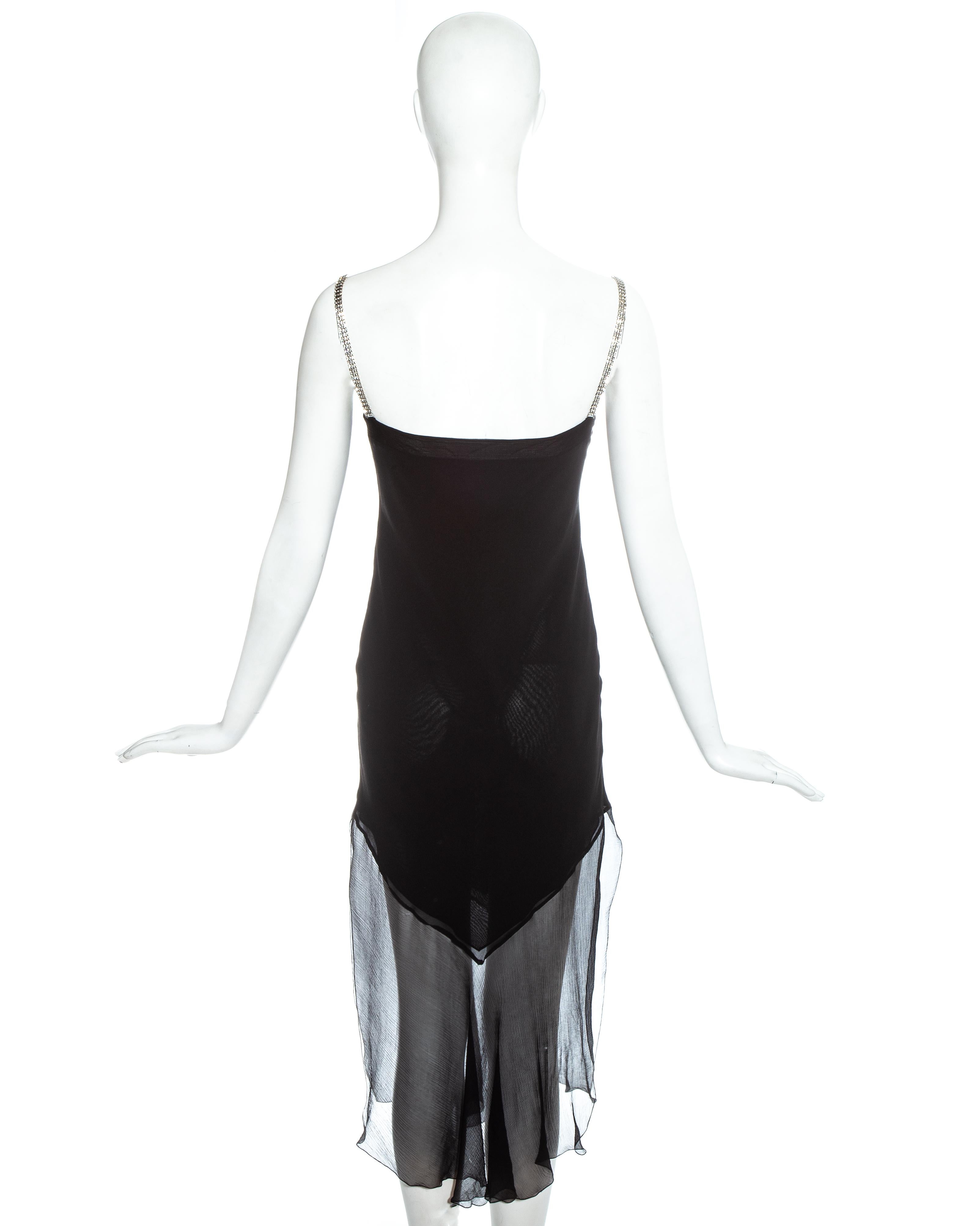 Women's John Galliano black silk chiffon flapper dress with rhinestone straps, fw 1998 For Sale