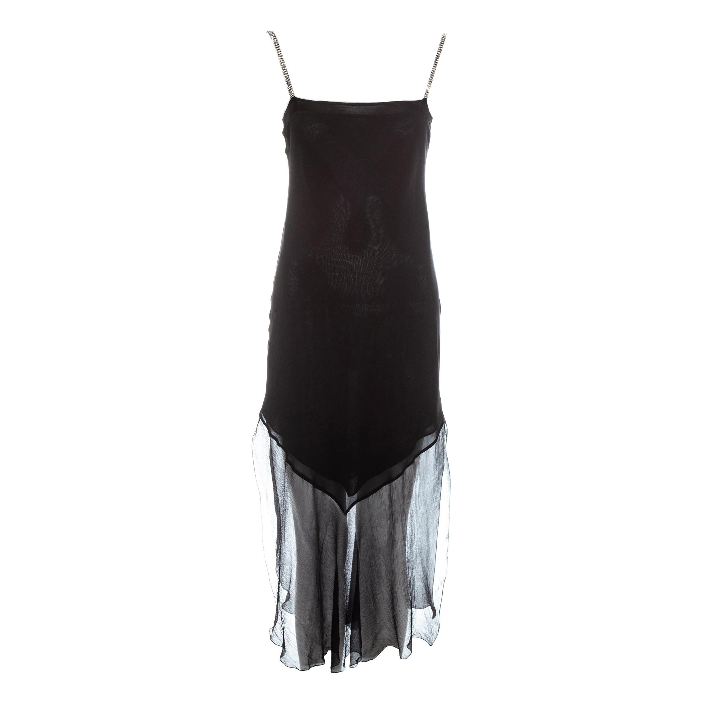 John Galliano black silk chiffon flapper dress with rhinestone straps, fw 1998 For Sale