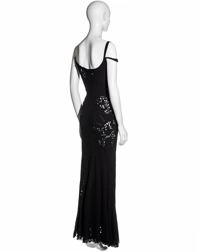 John Galliano black silk crepe cutwork evening dress with chain straps ...