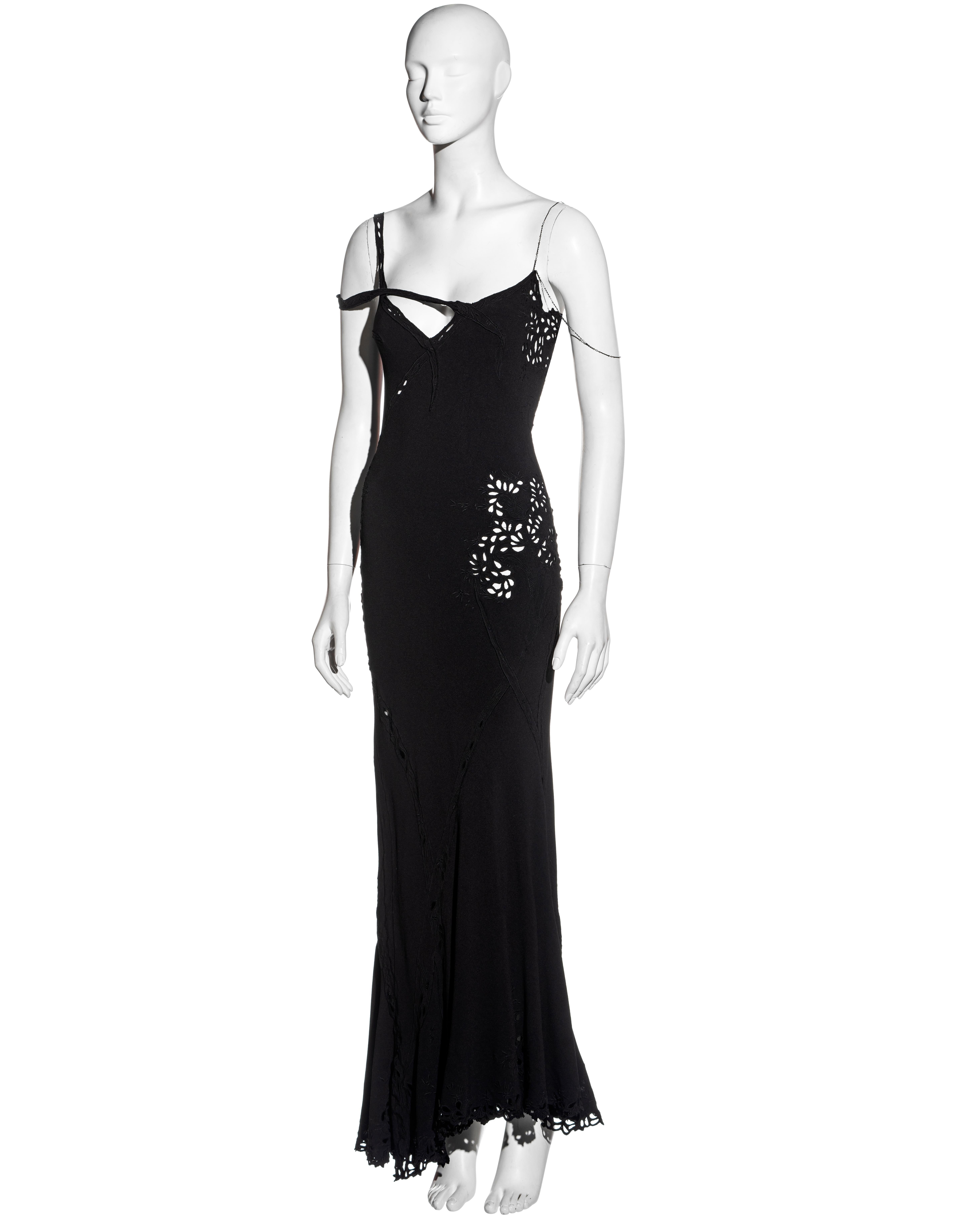 John Galliano black silk crepe cutwork evening dress with chain straps, ss 1996 1