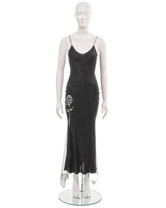 John Galliano black silk damask evening slip dress with rose cut-outs, ss 1998