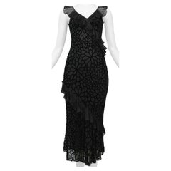 John Galliano Black Silk Dress With Floral Burnout Print
