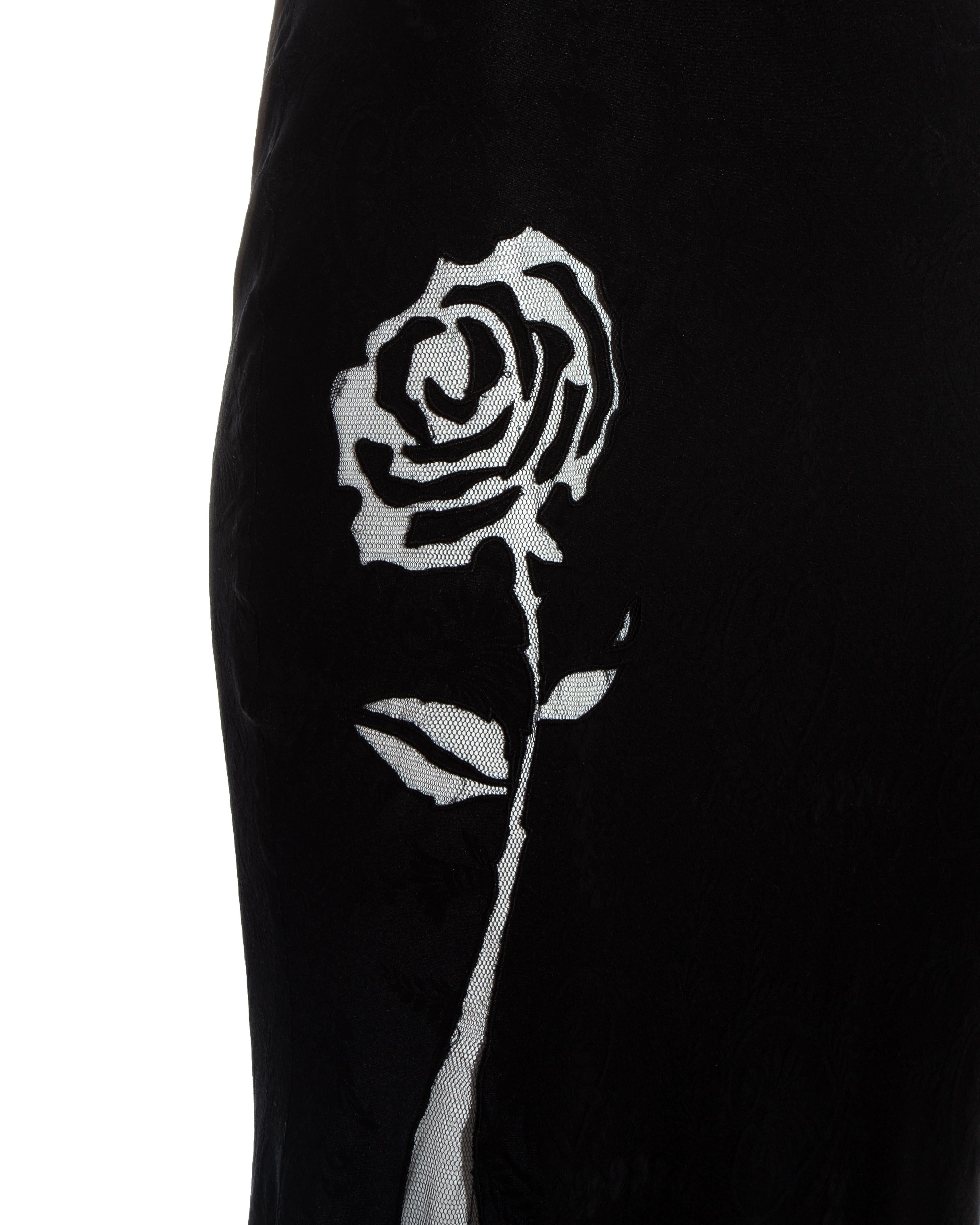 Black John Galliano black silk jacquard evening dress with floral mesh insets, ss 1998