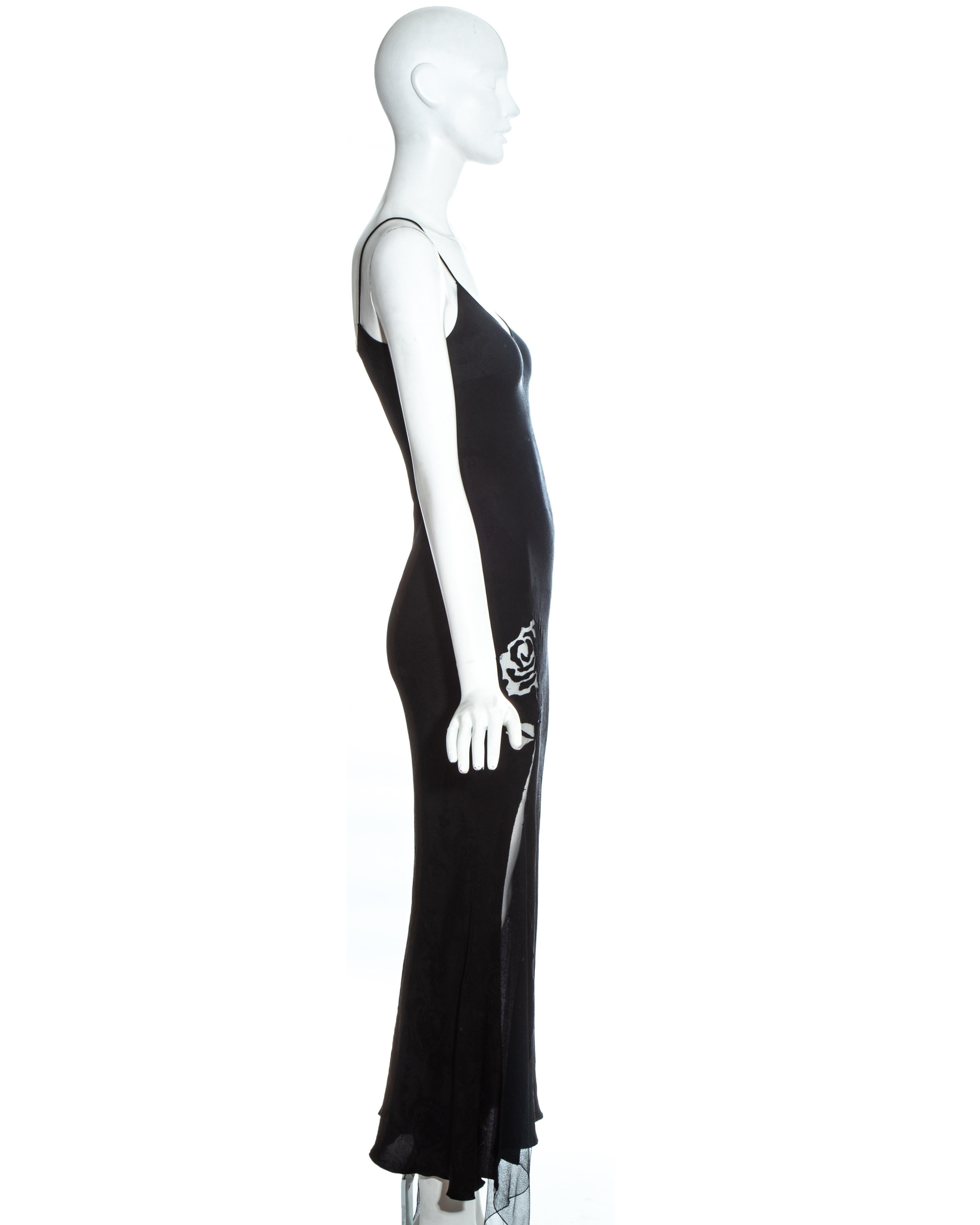 Women's John Galliano black silk jacquard evening dress with floral mesh insets, ss 1998