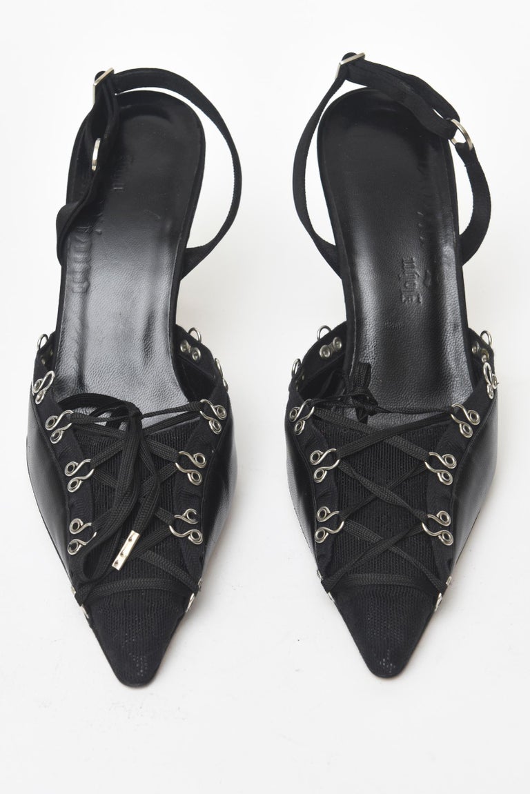 John Galliano Black Silk Lace Up Shoes Sling Back Heels at 1stDibs