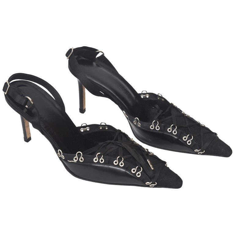 John Galliano Black Silk Lace Up Shoes Sling Back Heels For Sale at 1stdibs