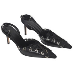 John Galliano Black Silk  Lace Up Shoes Sling Back Heels