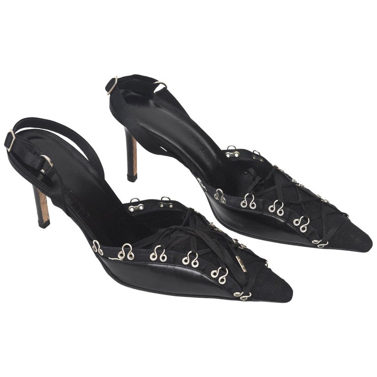 John Galliano Black Silk Lace Up Shoes Sling Back Heels at 1stDibs