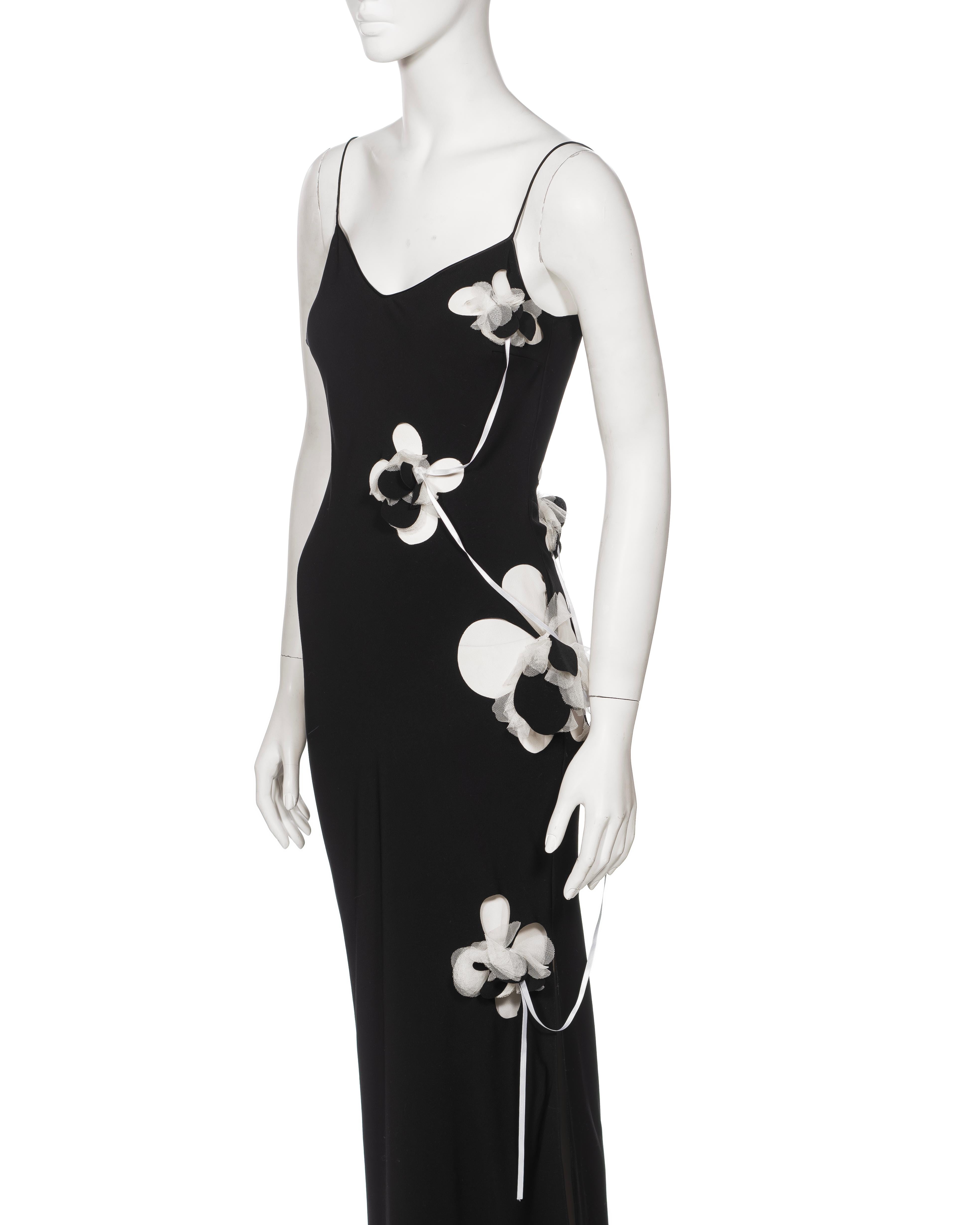 John Galliano Black Silk Slip Dress with Floral Appliqués and Ribbons, FW 2001 For Sale 6