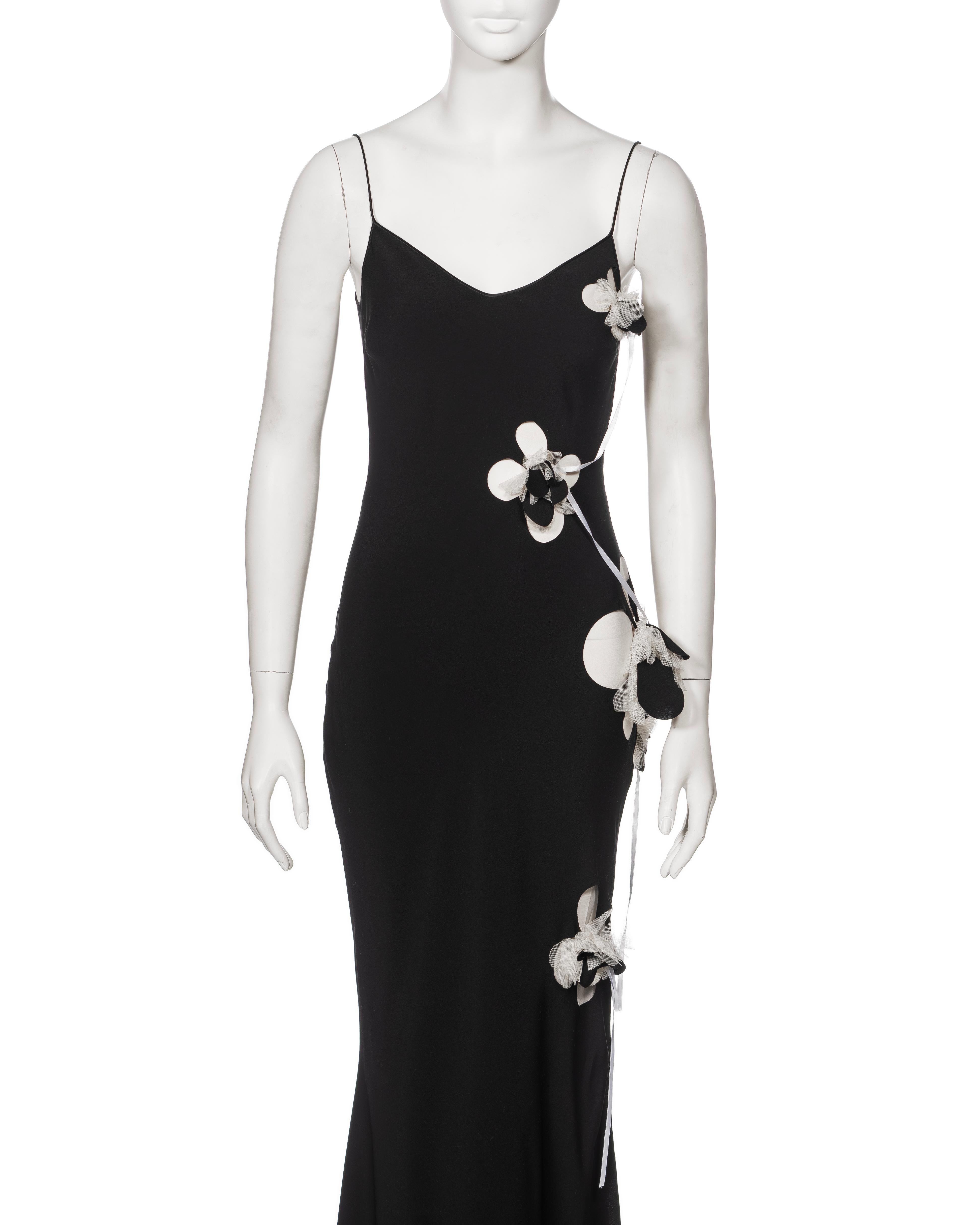 John Galliano Black Silk Slip Dress with Floral Appliqués and Ribbons, FW 2001 In Good Condition For Sale In London, GB