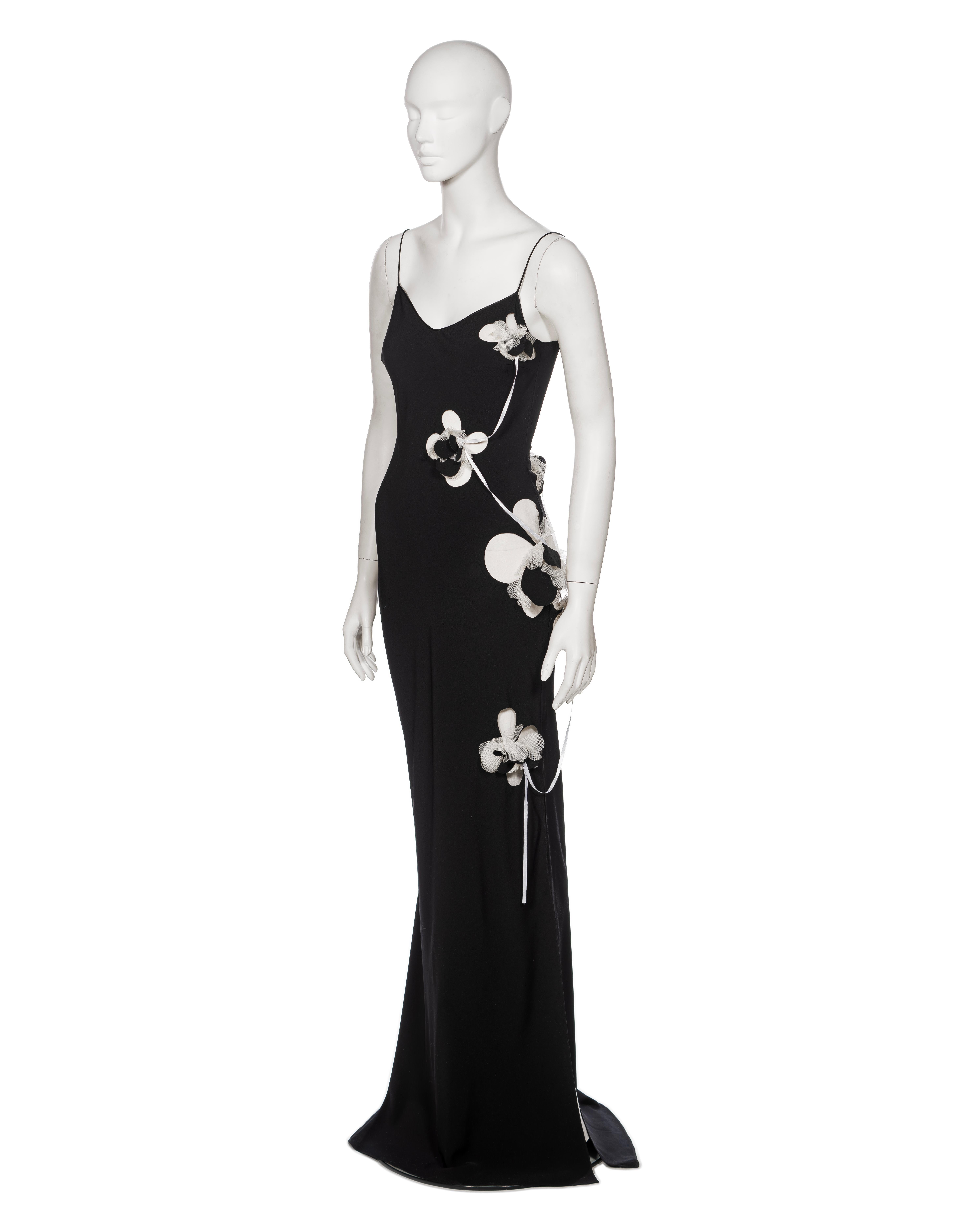 Women's John Galliano Black Silk Slip Dress with Floral Appliqués and Ribbons, FW 2001 For Sale