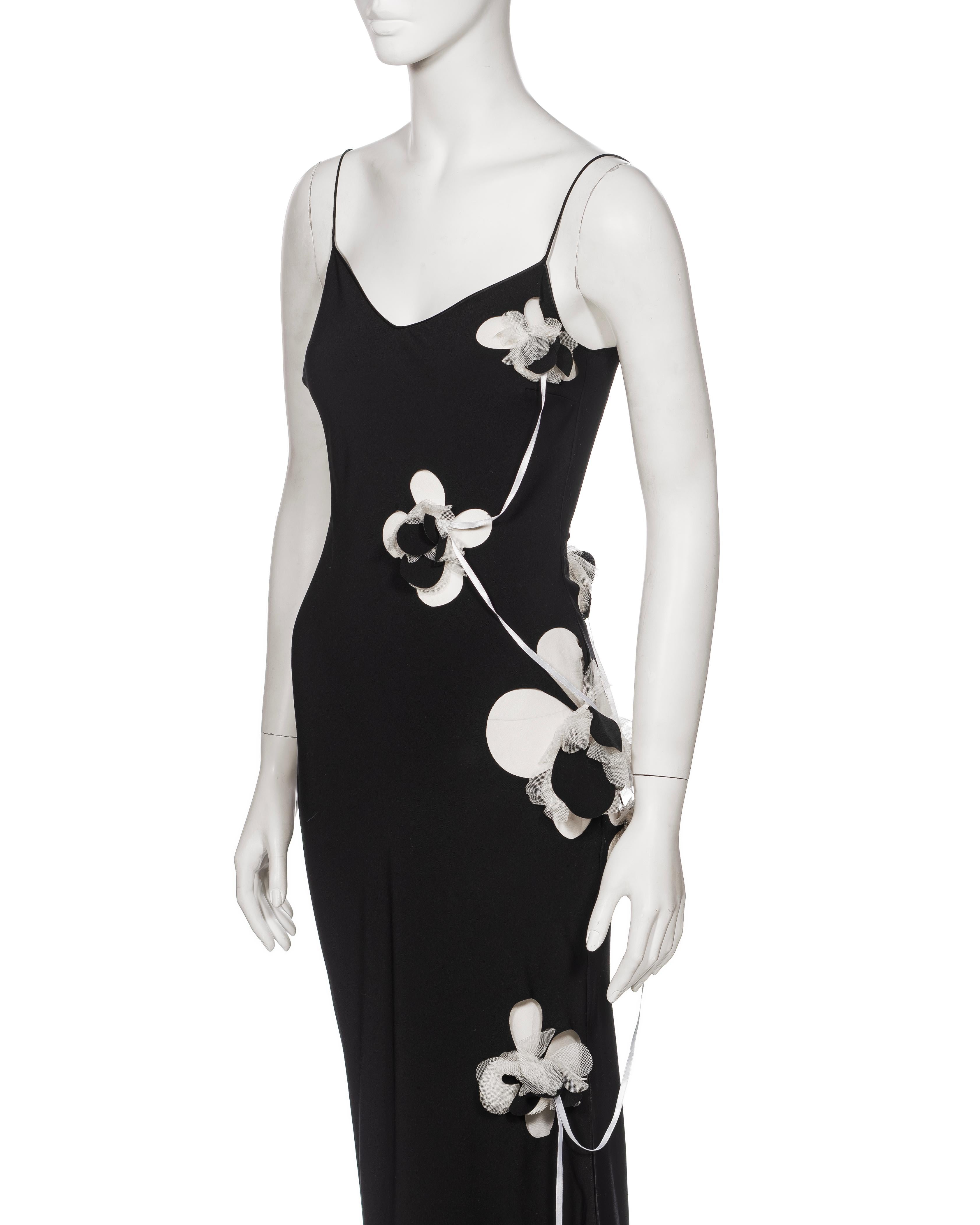 John Galliano Black Silk Slip Dress with Floral Appliqués and Ribbons, FW 2001 For Sale 1