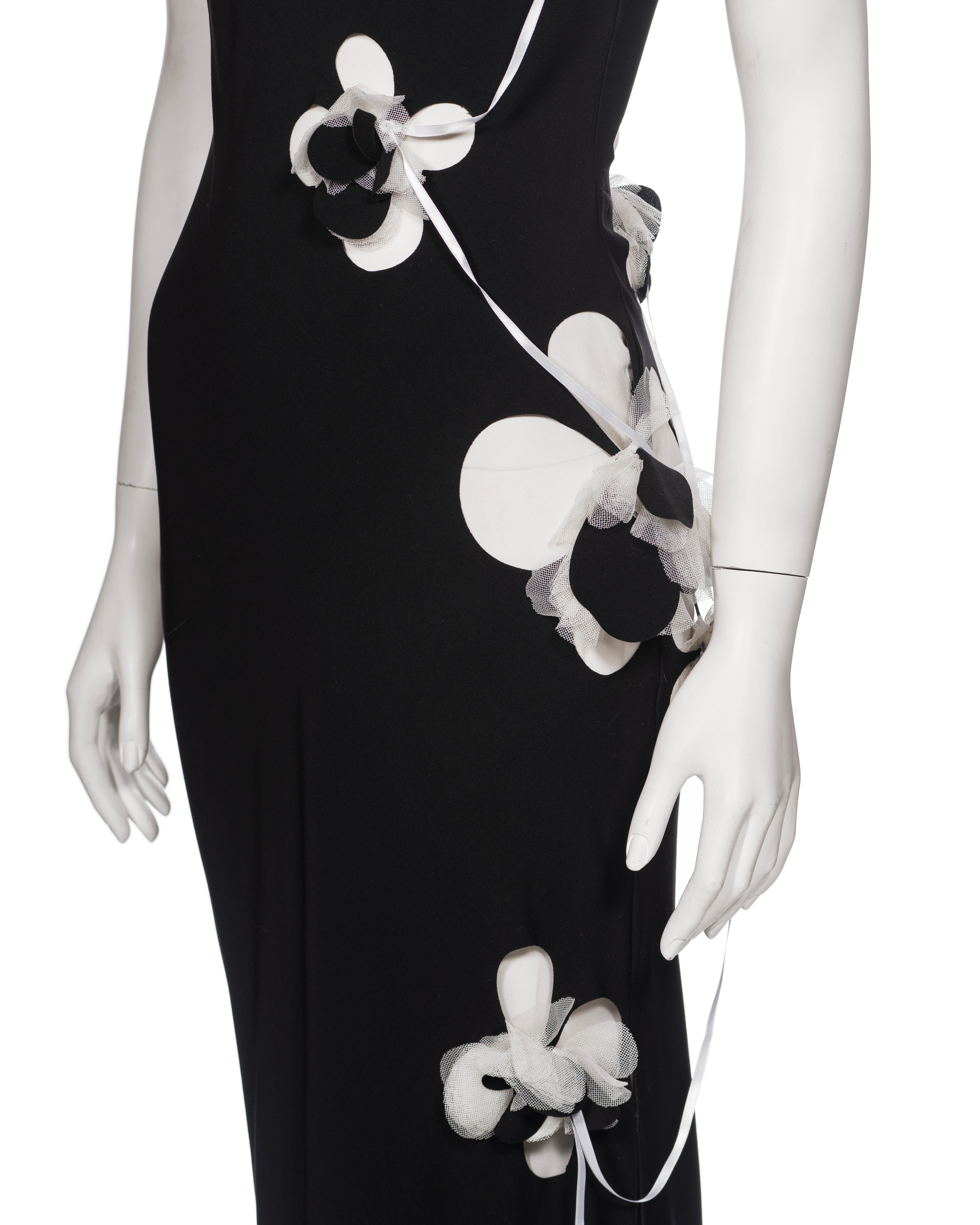 John Galliano Black Silk Slip Dress with Floral Appliqués and Ribbons, FW 2001 For Sale 2
