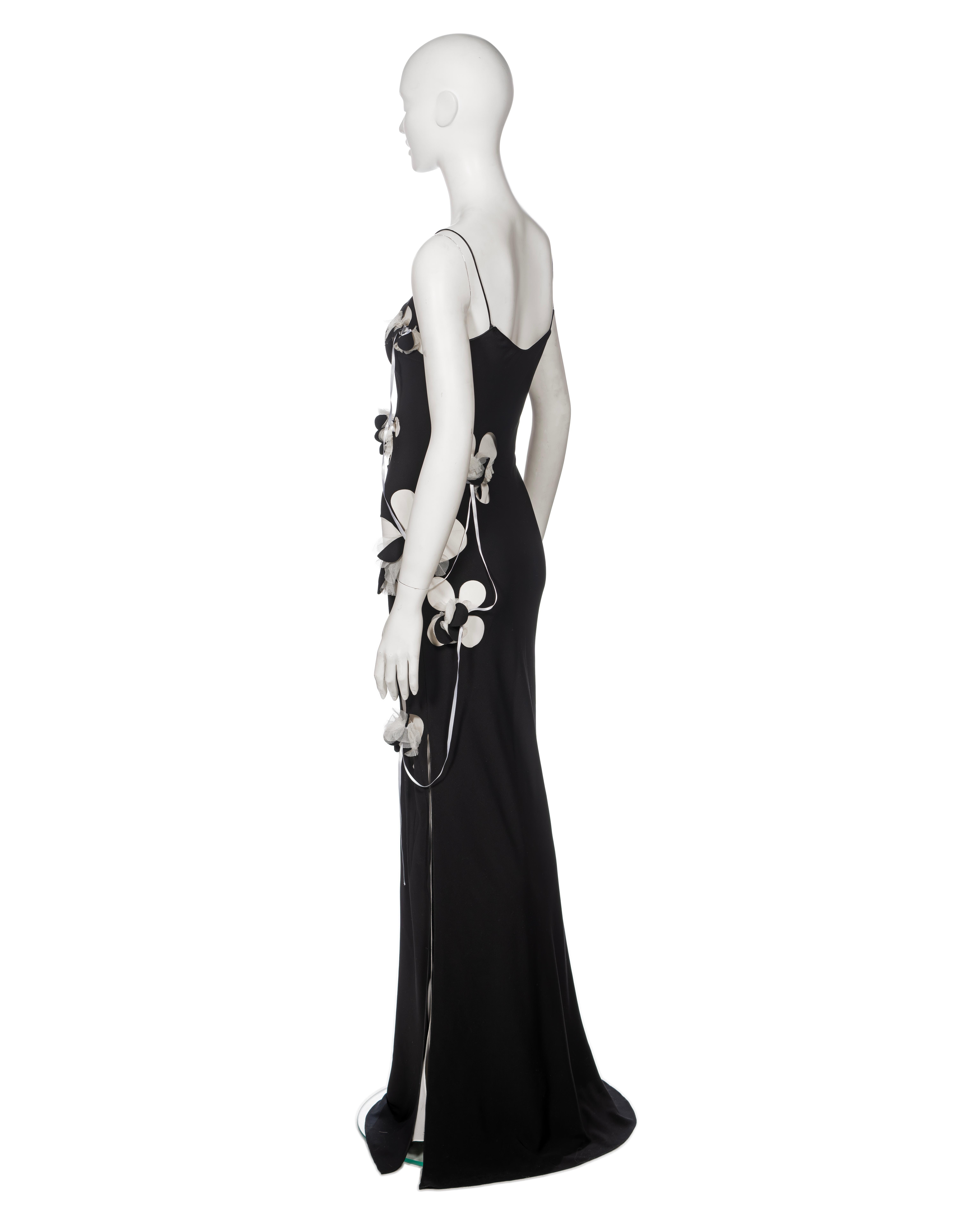 John Galliano Black Silk Slip Dress with Floral Appliqués and Ribbons, FW 2001 For Sale 3