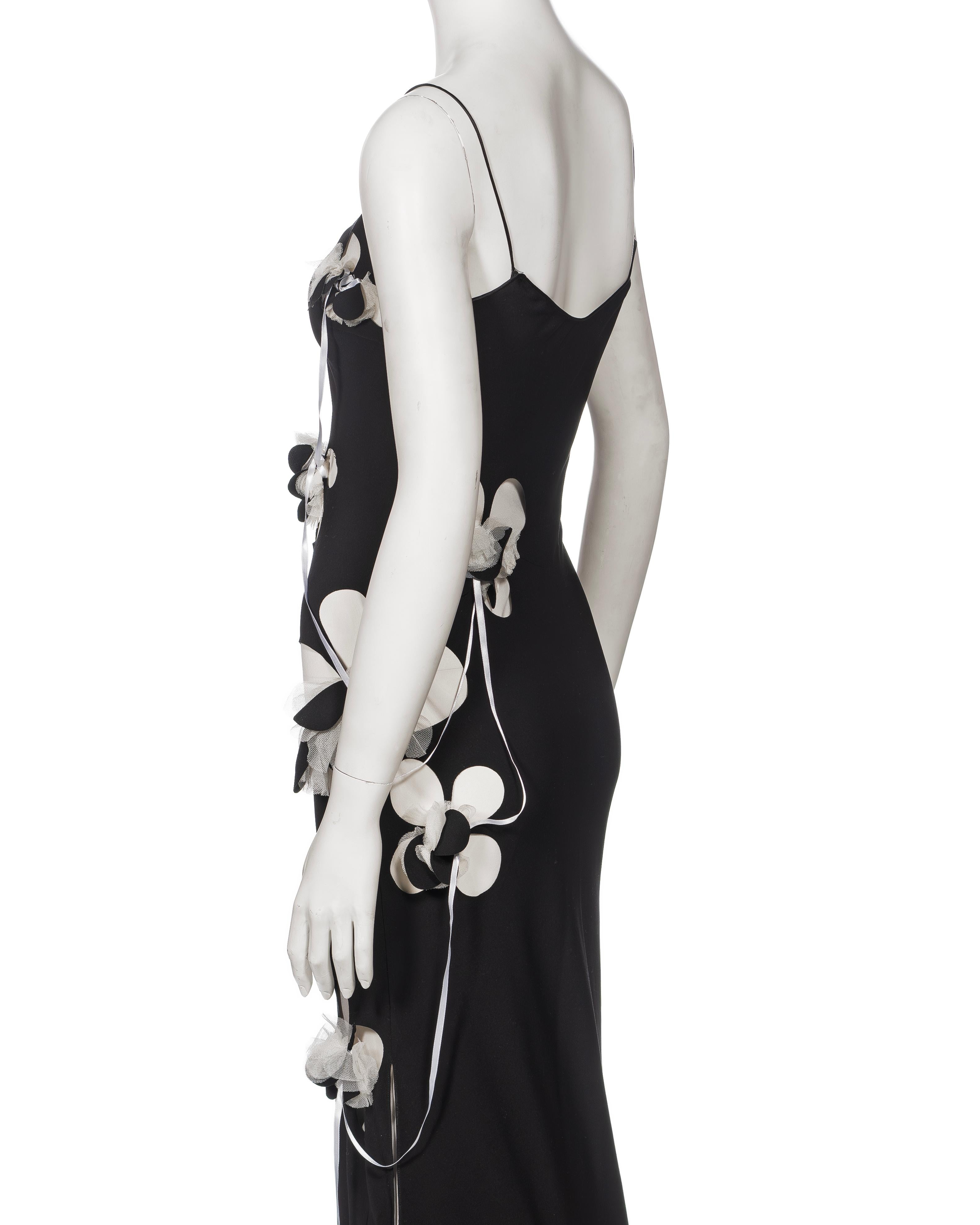 John Galliano Black Silk Slip Dress with Floral Appliqués and Ribbons, FW 2001 For Sale 4