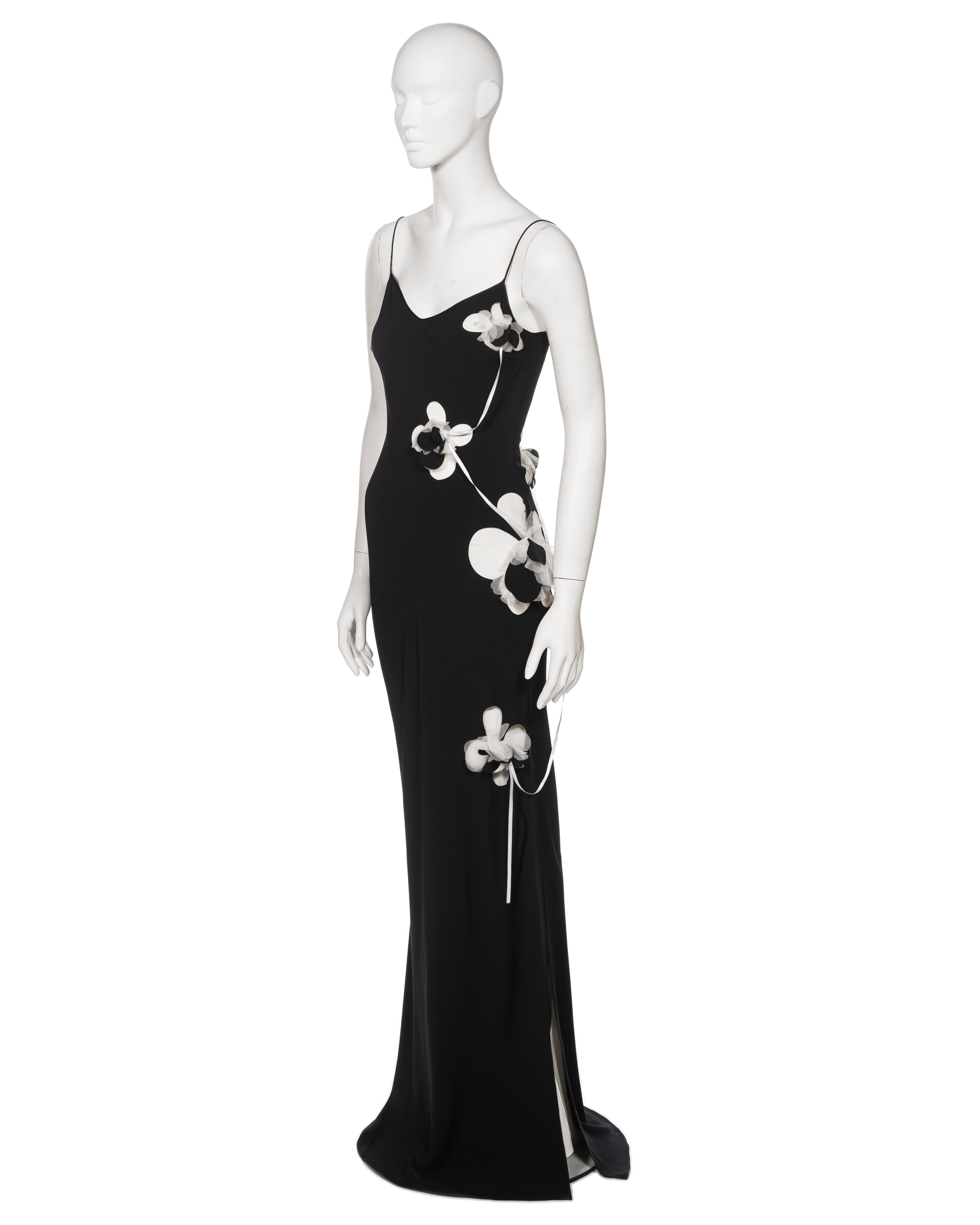 John Galliano Black Silk Slip Dress with Floral Appliqués and Ribbons, FW 2001 For Sale 5