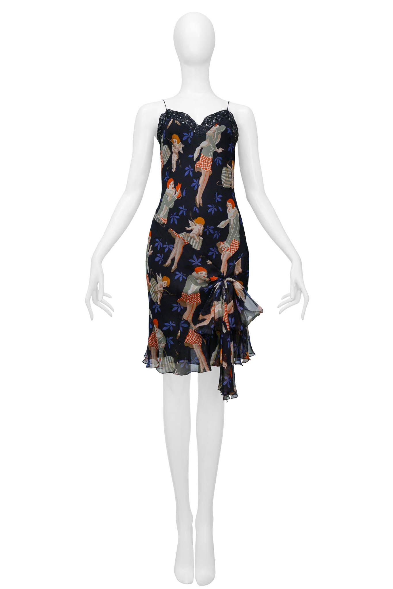 Resurrection Vintage is pleased to offer a vintage John Galliano black slip dress featuring a print with 1920's girls and cupids, black lace trim, and a bow on the front.

John Galliano 
Size 40
100% Silk
Excellent Vintage Condition 
Authenticity