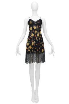 John Galliano Black Slip Dress With Lace & Yellow Leaf Print