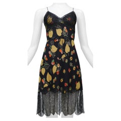 John Galliano Black Slip Dress With Lace & Yellow Leaf Print
