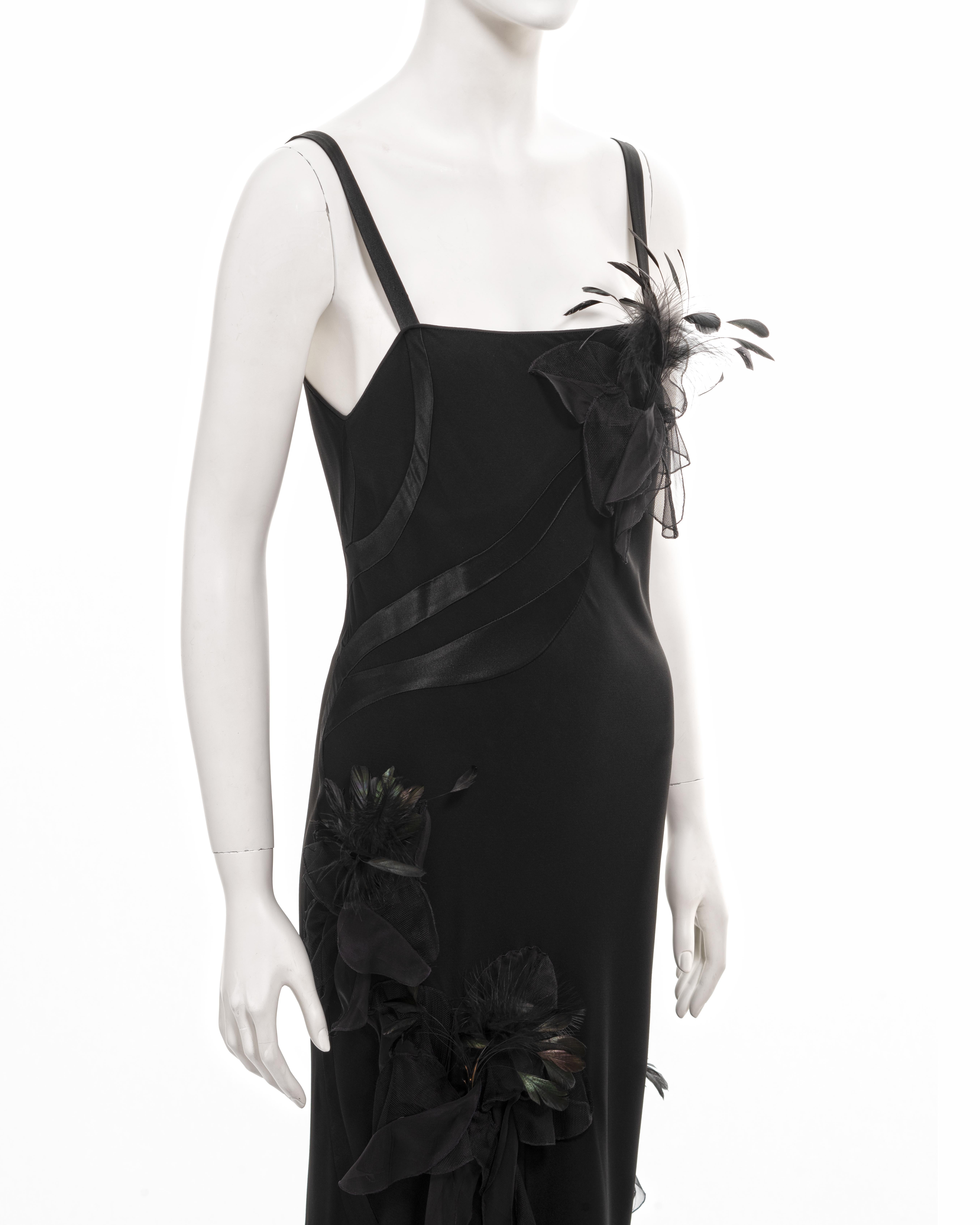 John Galliano black twill evening dress with floral feather appliqués, fw 2005 For Sale 6