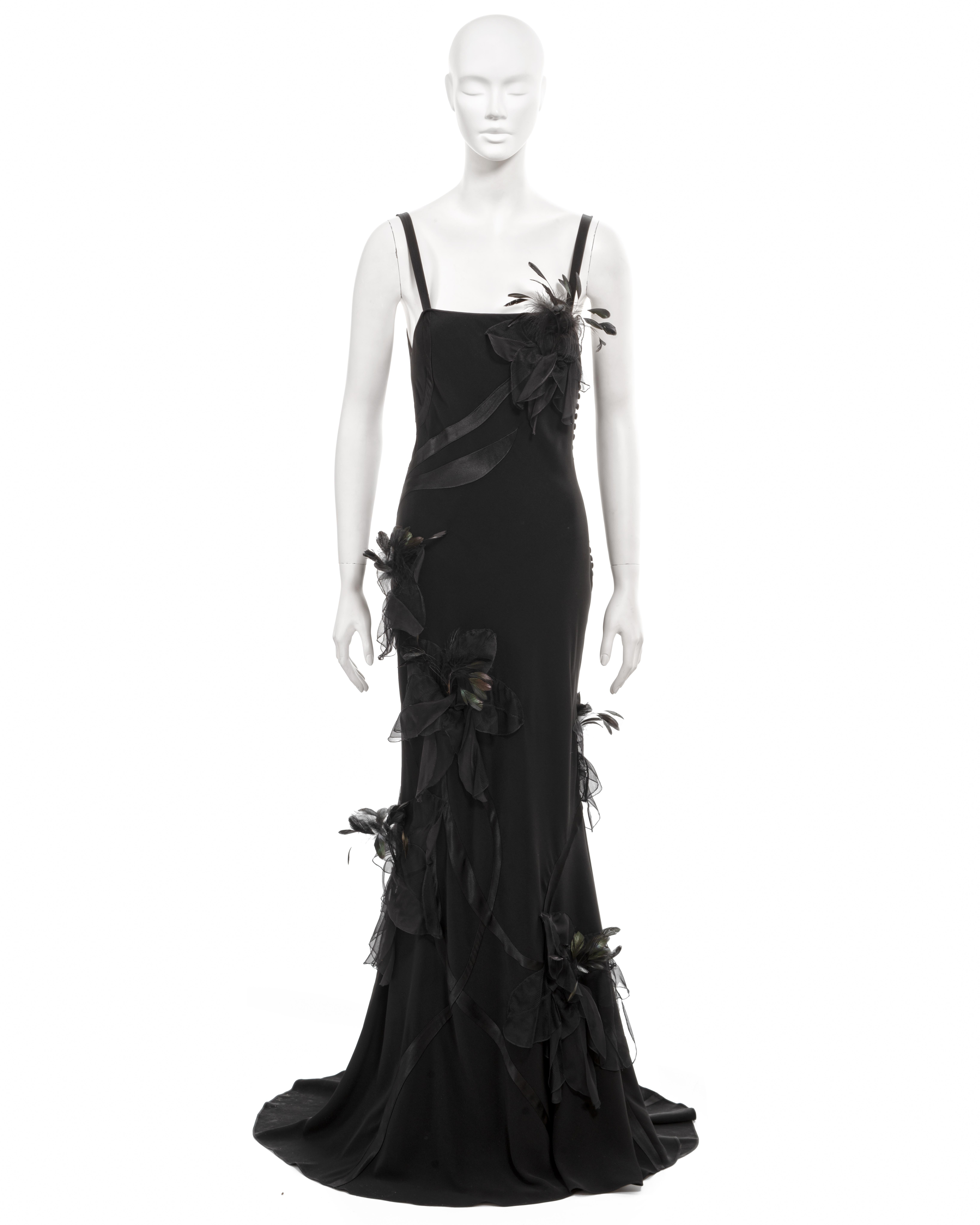 ▪ John Galliano archival evening dress
▪ Sold by One of a Kind Archive
▪ Fall-Winter 2005
▪ Constructed from black acetate-viscose twill
▪ Silk flower stem shaped inserts 
▪ Organza and tulle floral appliqués 
▪ Detachable Rooster and Marabou